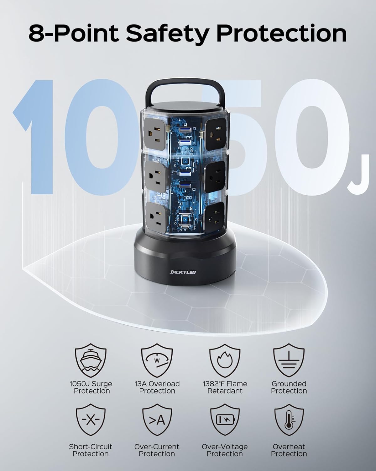 JACKYLED Power Strip Tower Surge Protector, 12 AC 6 USB (2 USB C), 1050J