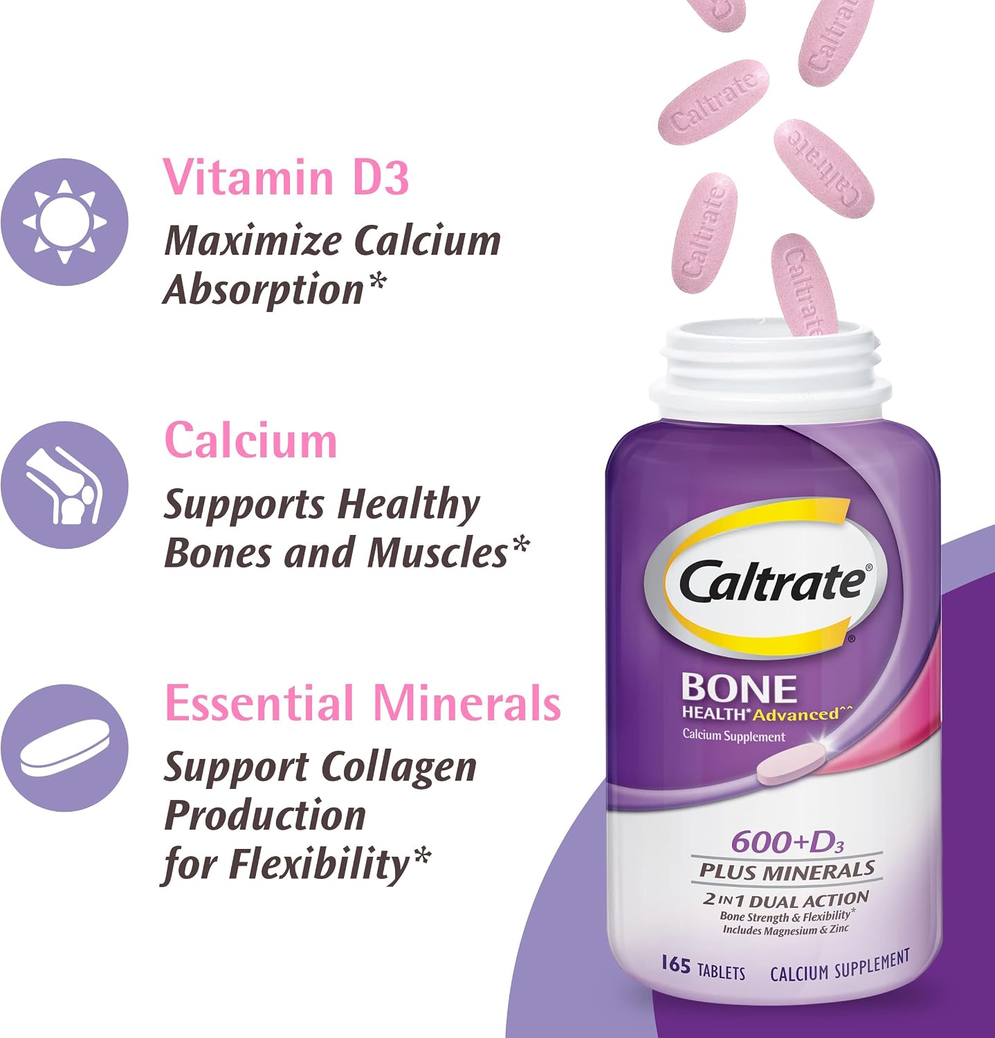Caltrate 600 Plus D3 Vitamin D and Calcium Supplement Tablets, 165 Count | Highest Level of Vitamin D3, Maximizes Calcium Absorption to Support Strong Bones and Daily Function