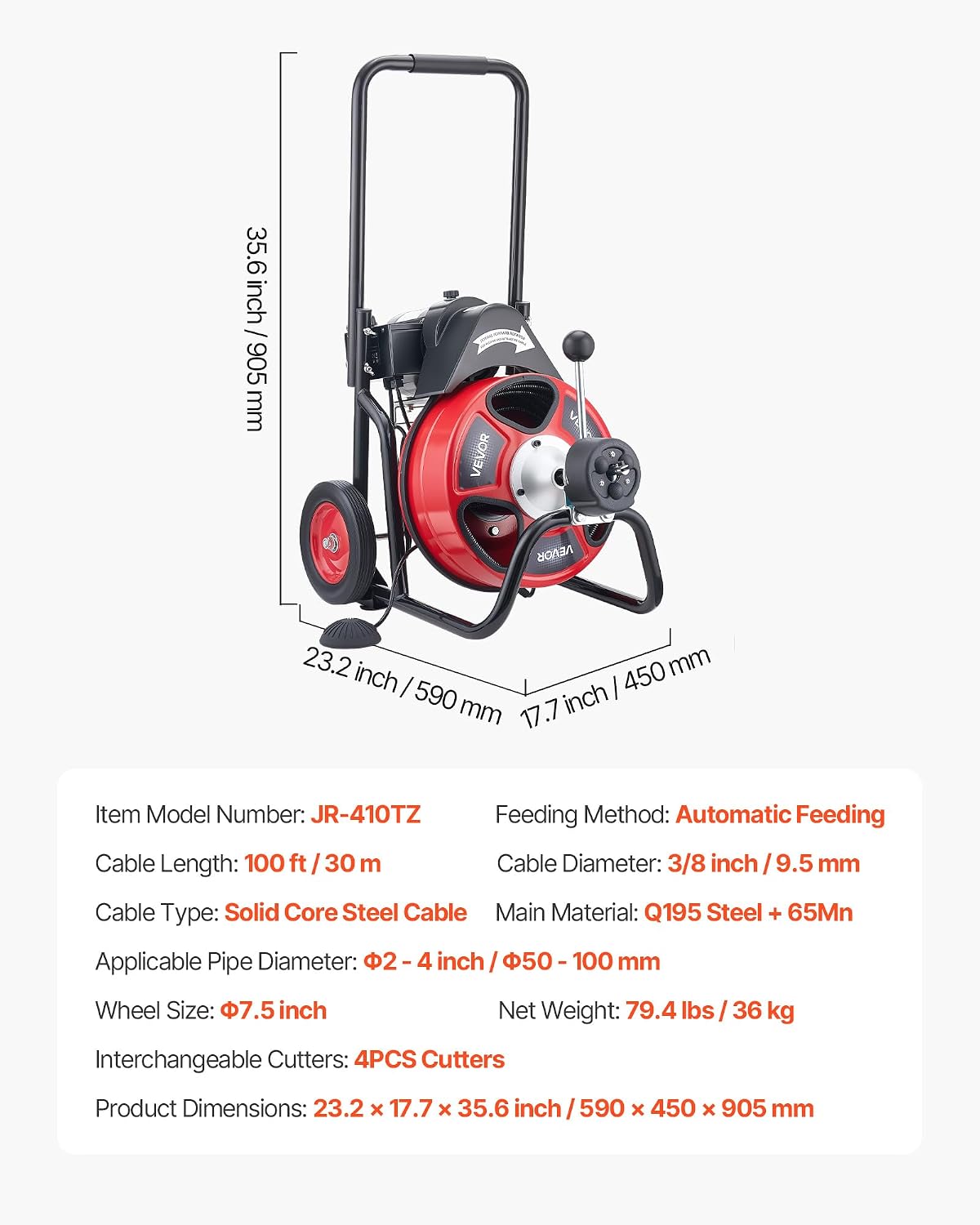 VEVOR Drain Cleaner Machine 75 FT x 3/8 Inch, Auto Feed Sewer Snake Auger on Wheels, Portable Drain Cleaning Machine with 4 Cutters & Air-activated Foot Switch for 2" to 4" Pipes