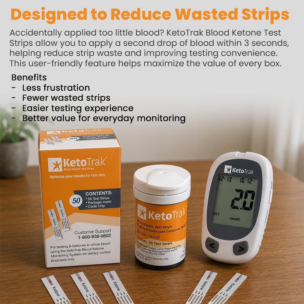 KetoTrak Blood Ketone Test Strips, 50 Count for Ketone Monitoring