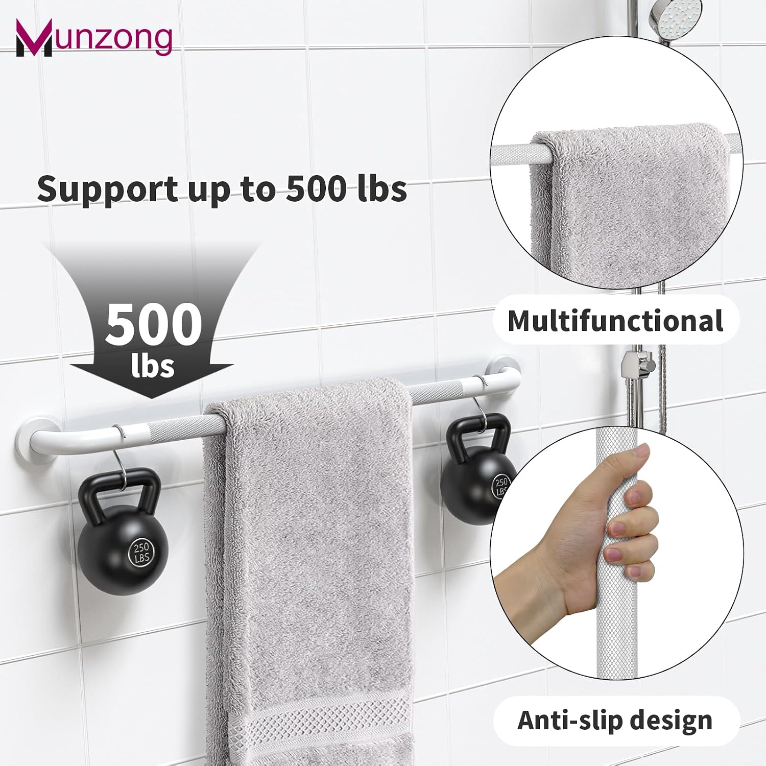 Munzong 3 Pack Commercial Handicap Grab Bars 18" 36" 42" Brushed Nickel | Bathroom Grab Bar for Shower 1.25" Diameter Anti Slip Bathroom Balance Bar Safety Hand Rail for Elderly Injury Senior