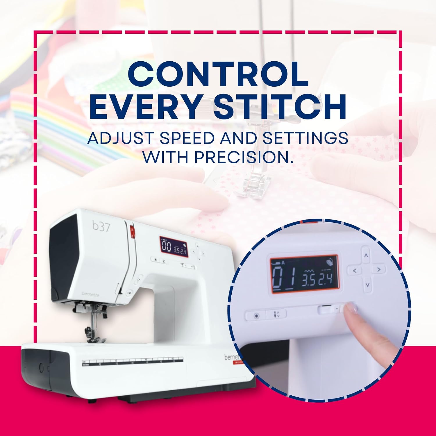 Bernette B37 Computerized Sewing Machine with LCD Display | Advanced Sewing & Quilting | 50 Stitches, One-Step Buttonhole, Automatic Needle Threader