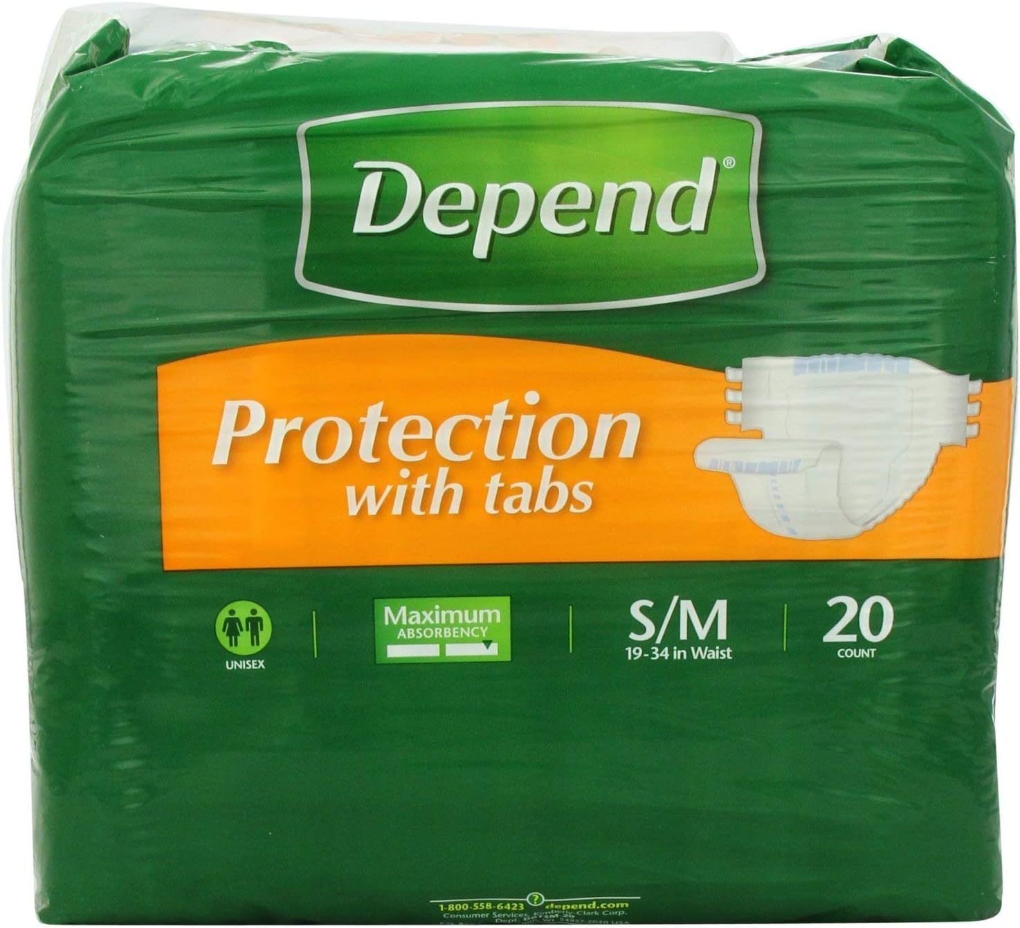 Depend Adult Diapers with Tabs, Incontinence Protection with Tabs, Unisex, Small/Medium (19–34" Waist, Up To 170 lbs), Maximum Absorbency, 60 Count (3 Packs of 20)