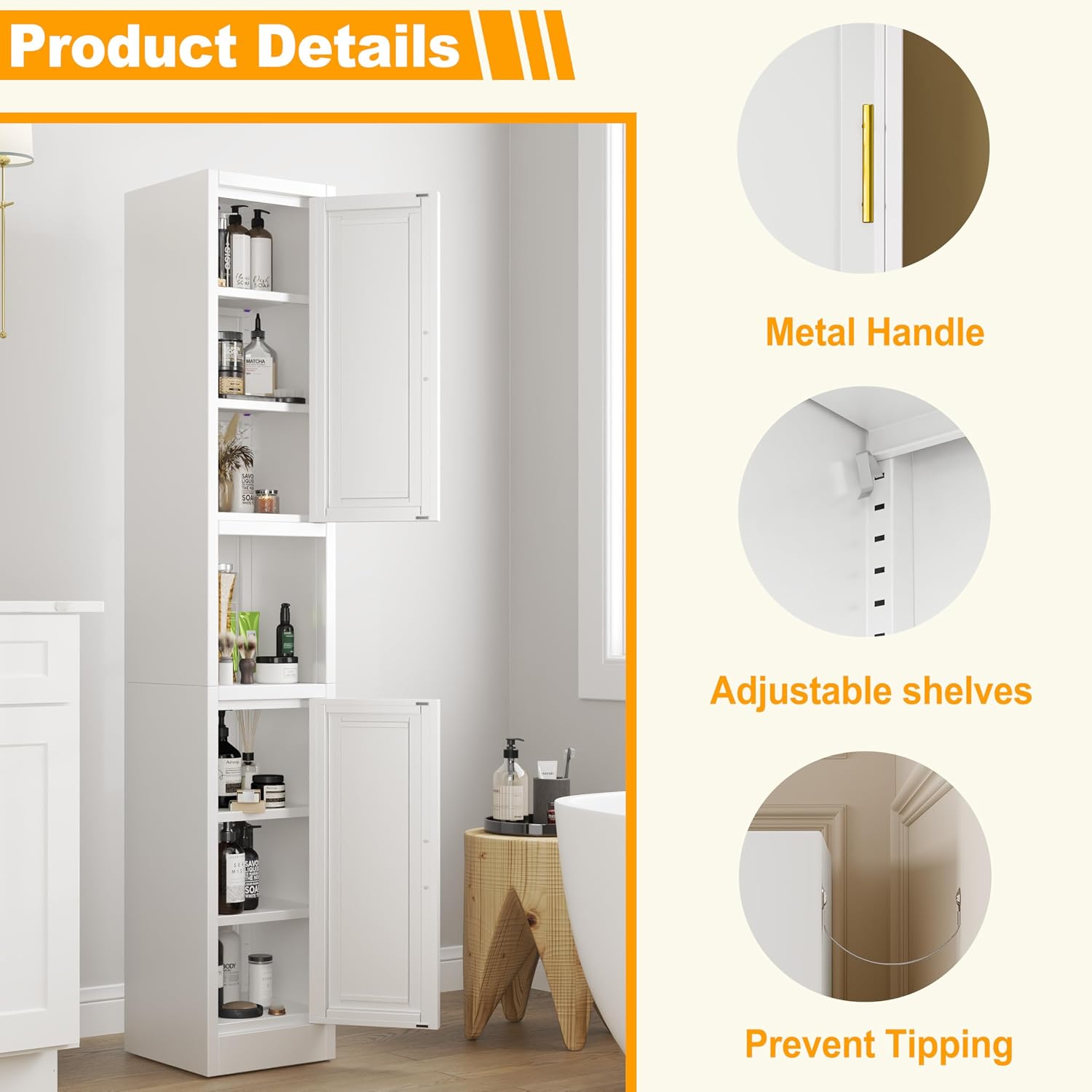 Ckzbx Tall Narrow Storage Cabinet 66.93" H Tall Bathroom Cabinet Metal Pantry Cabinets, 4 Adjustable Shelves for Kitchen, Home Office, Living Room, Dinning Room (20 inches Wide White)