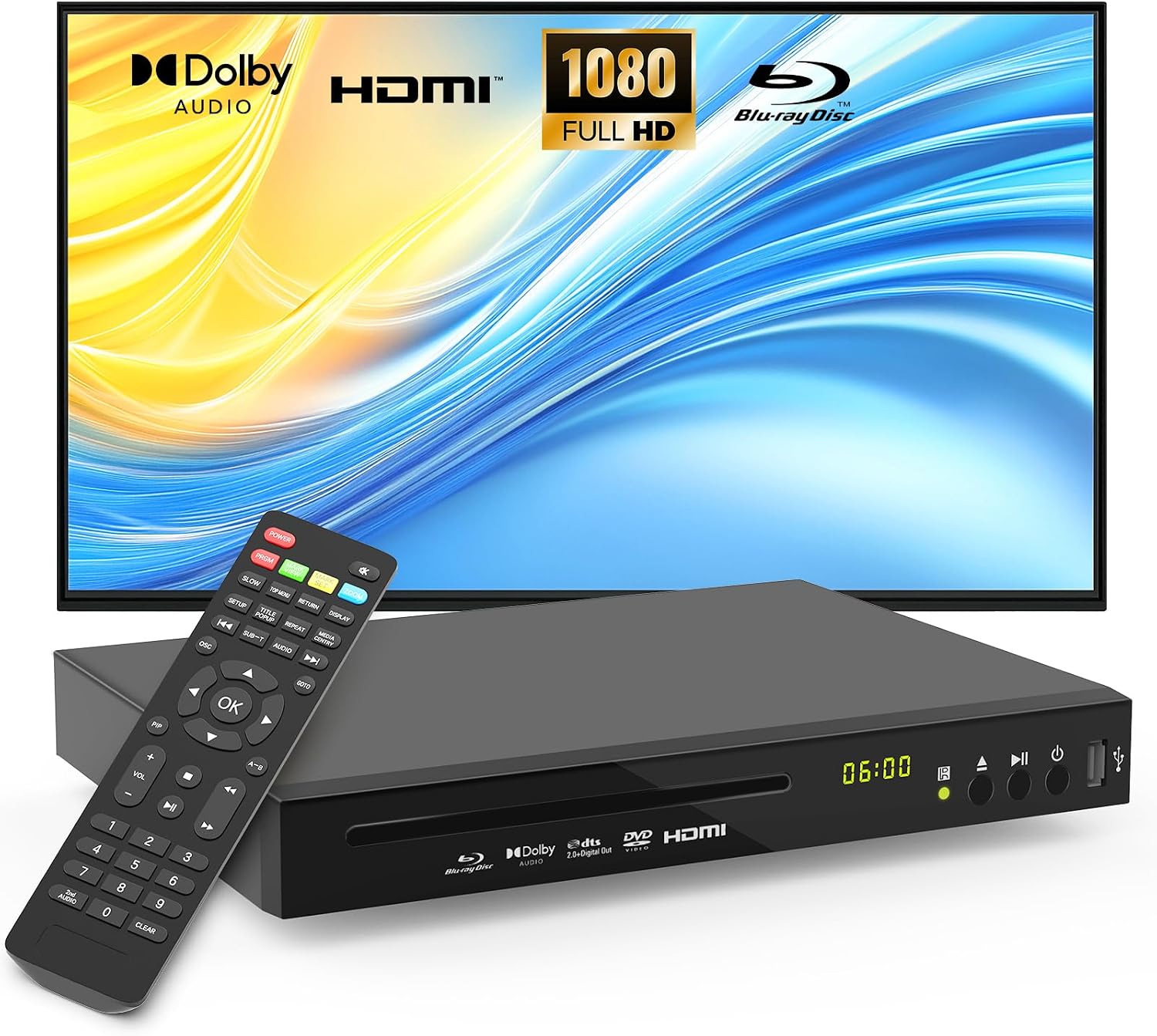 Blu-ray DVD Player Full HD 1080p with Dolby Digital, TrueHD and DTS Audio | DVD Upscaling, Region A Blu-ray & Region 1 DVD Support, 128GB USB Playback