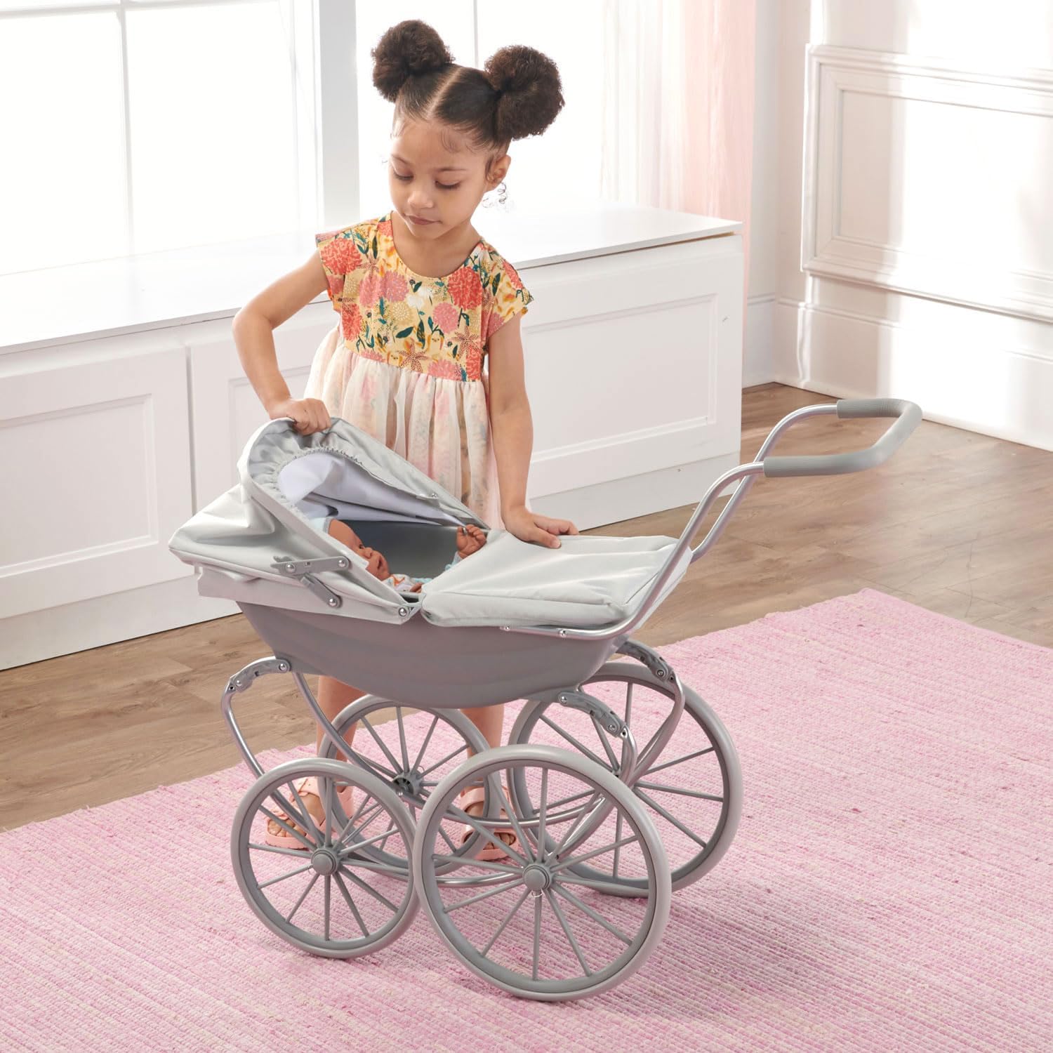Badger Basket London Doll Pram Stroller with Canopy & Sturdy Handle - Gray | Fits 18-20" dolls, adjustable canopy, sturdy handle