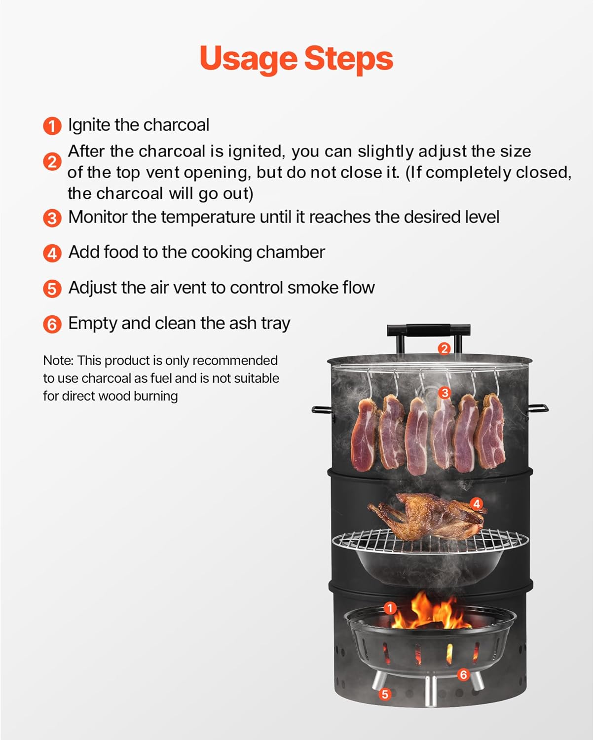 VEVOR Charcoal Smoker Grill, 18.5" Barrel Charcoal BBQ Smoker, Coated Steel Outdoor Barbecue Grill with 2 Grilling Grates, 1 Hanging Rod