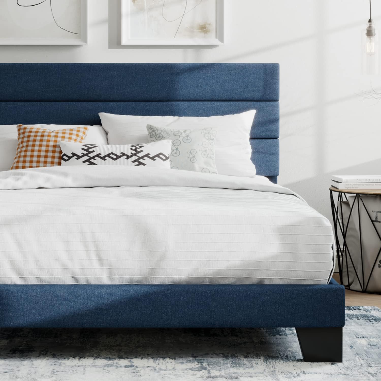 SHA CERLIN Full Platform Bed Frame with Upholstered Fabric Headboard, Grey