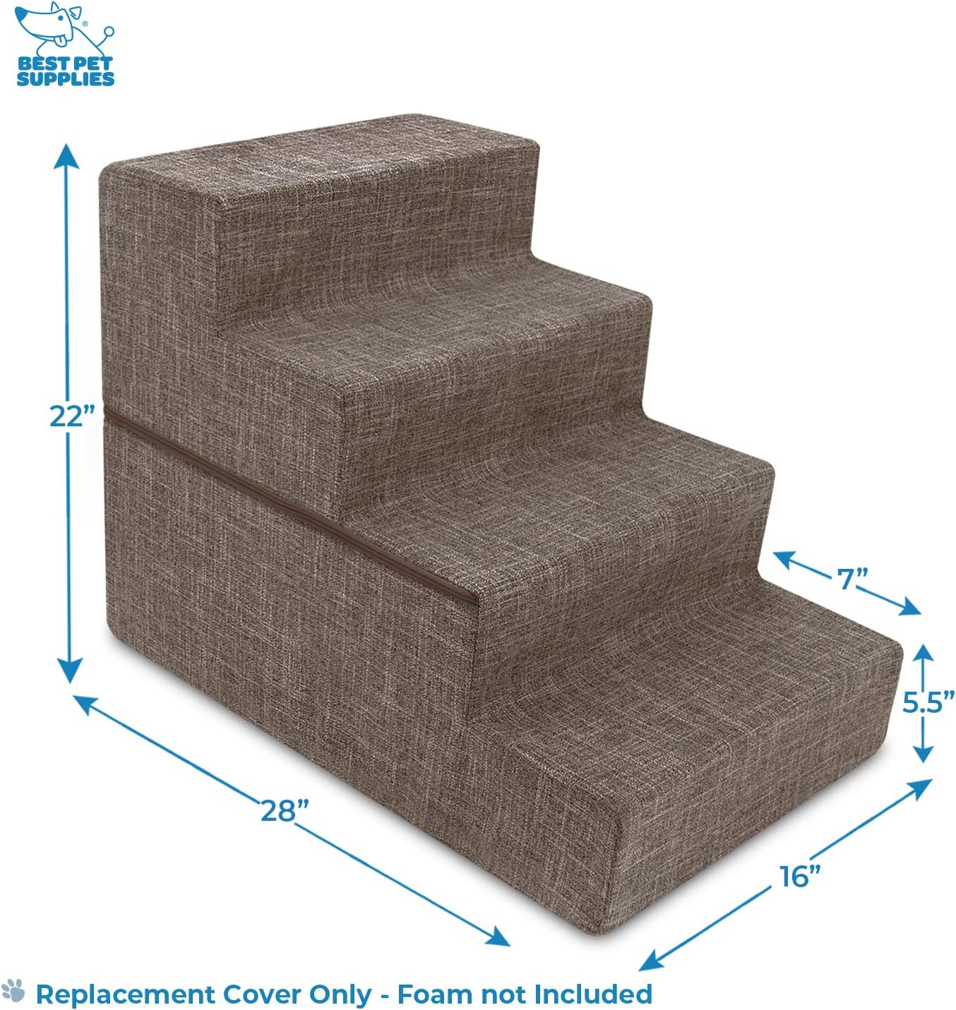 Best Pet Supplies Non-Slip Foam Dog Stair & Pet Ramp, Balanced Indoor Step Support - Foldable Stair, Ash Gray Linen,3-Step