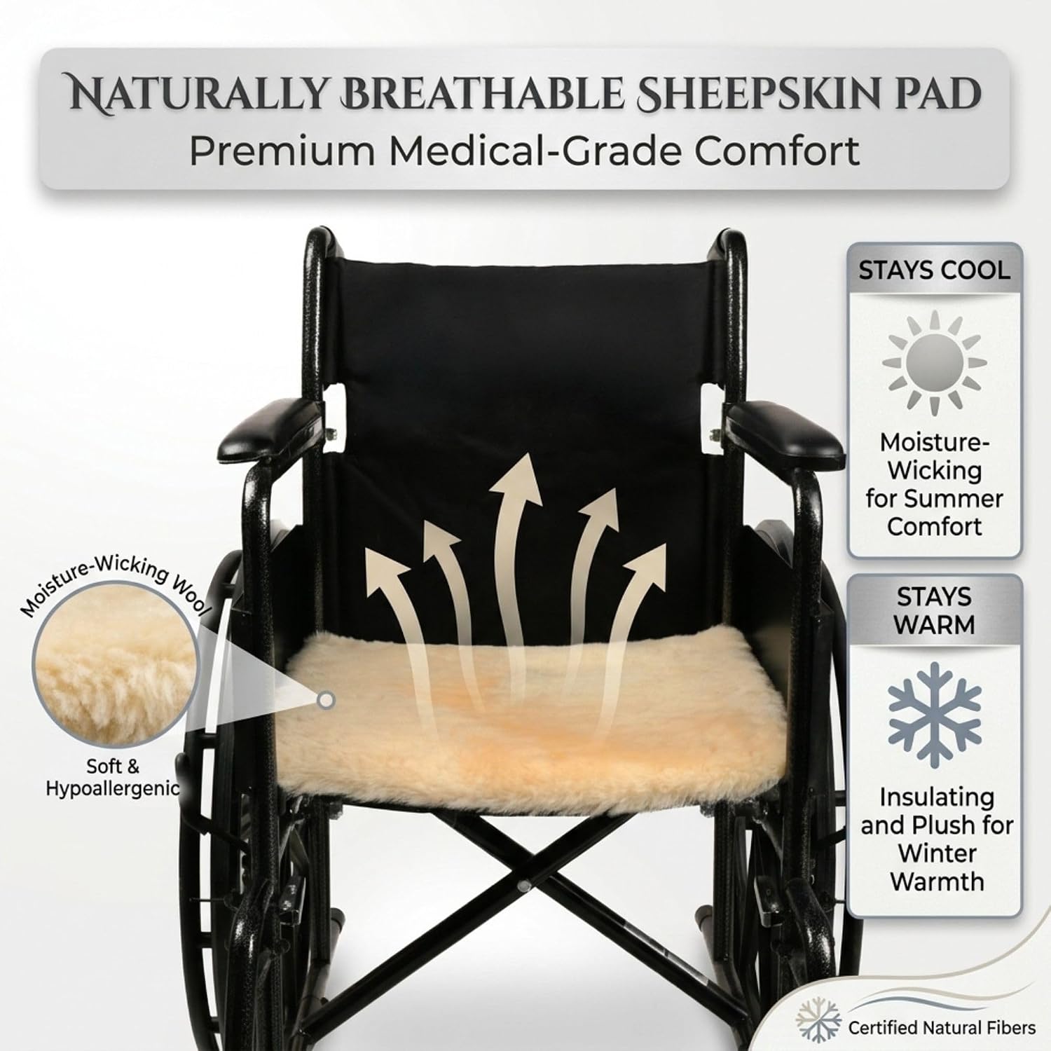 Natural Medical Sheepskin Pad, Non-Slip Back, Natural, 17 x 17 in, 1 Pack