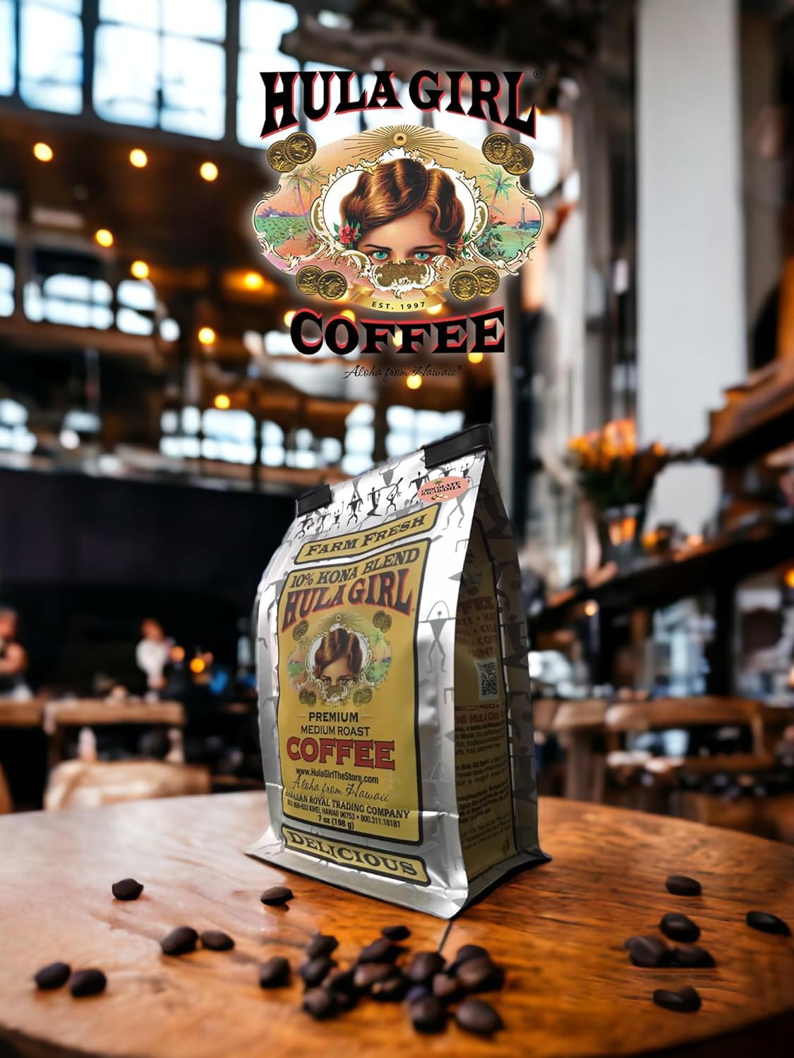 Hula Girl 10% Kona Ground Coffee, Grown in Hawaii, Hand Picked, Sun Dried, Fresh Roasted and Packed in Hawaii for 30 years, 7 Ounce