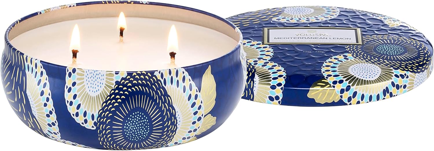 Voluspa Santal Vanille, 3 Wick Tin Candle, 12 oz, 40 Hour Burn Time, Coconut Wax for Clean Burning, Handcrafted in the USA