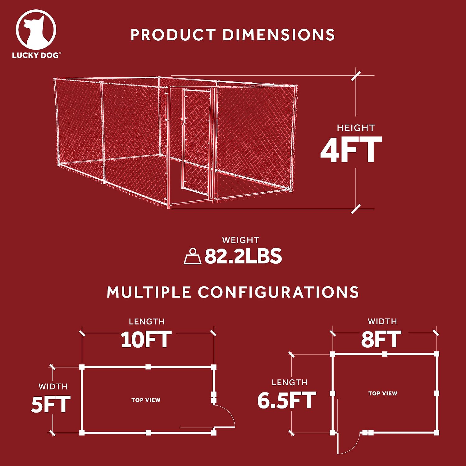 Lucky Dog 10' x 10' x 6' Heavy Duty Outdoor Welded Galvanized Steel Chain Link Dog Kennel Enclosure with 2 Configurations and Latching Door, Silver