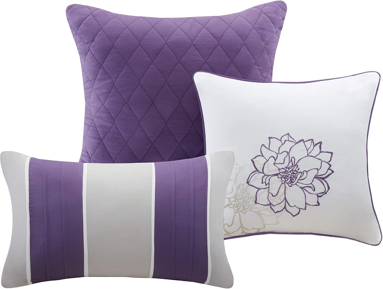 Madison Park Cotton Casual Floral Quilt Set, 6PC Full/Queen Coverlet | Channel Stitching Design, All Season, Lightweight Coverlet Bedspread Bedding, Shams, Decorative Pillows, Taupe Grey/Purple