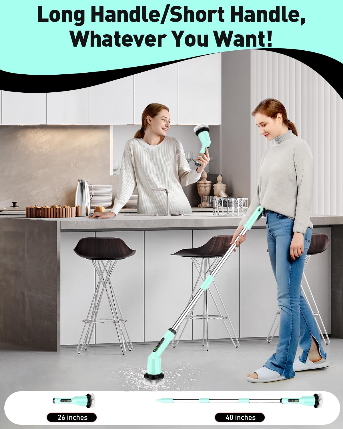 Electric Spin Scrubber for Bathroom, Shower Scrubber with Long Handle | Shower Cleaner Brushes, IPX7 Waterproof & 2 Speed, 3 Brush Heads, 90min Runtime, Bathroom Cleaning Supplies for Toilet Tub