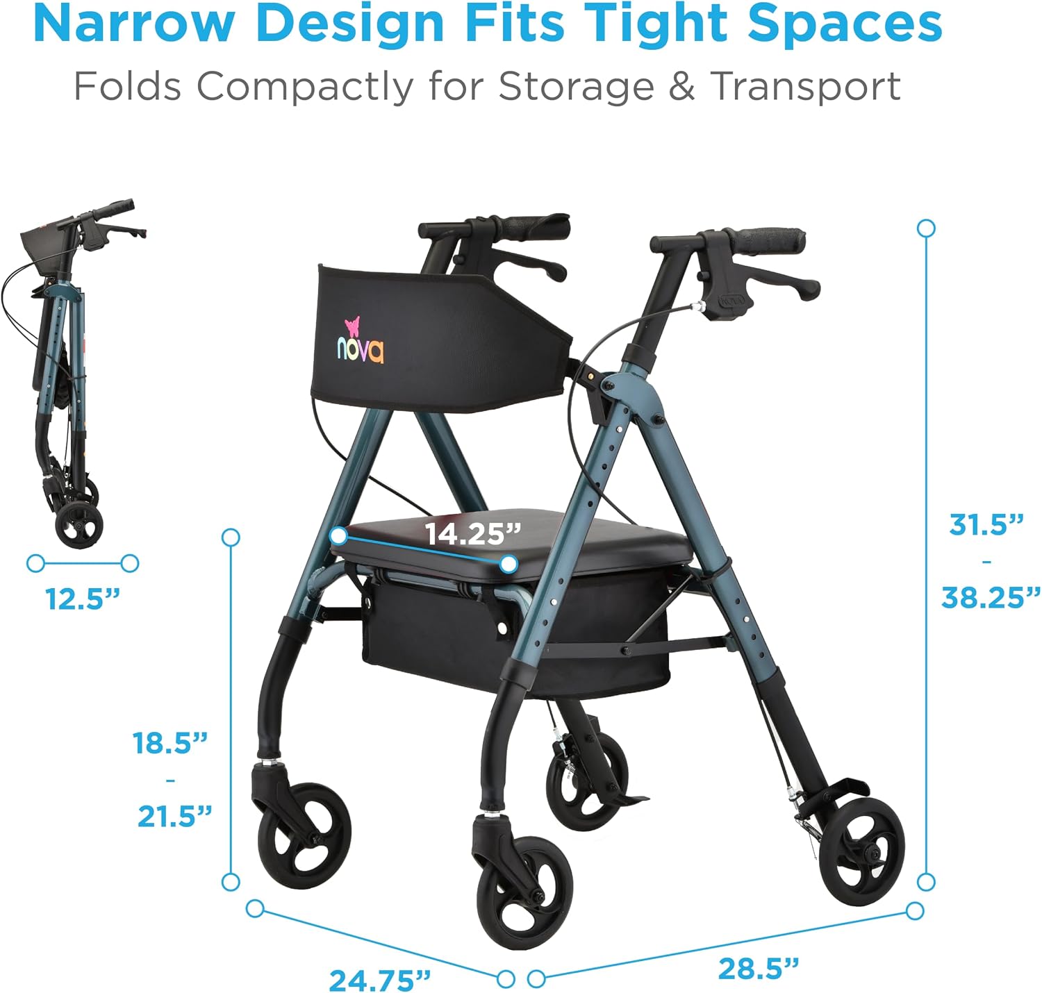 NOVA Star 6 Foldable Rollator Walker for Seniors, Wide Padded Backrest with Seat, 6” All-Terrain Wheels, Easy-Grip Locking Hand Brakes, Height Adjustable, Blue