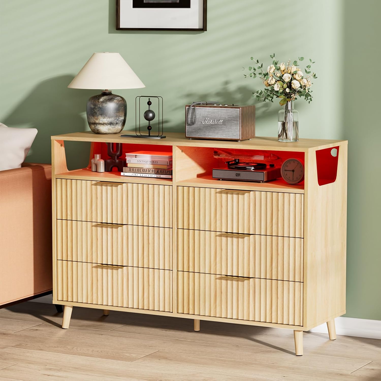 VINGLI Fluted Tall Dresser 5 Drawer, 23.66" W Chest of Drawers Gray Wood Dresser with Rounded Edges, Grey Dressers for Bedroom