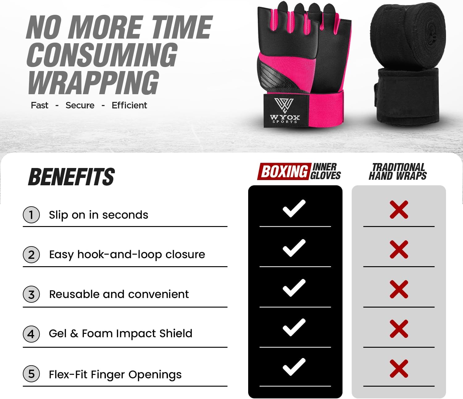 WYOX Neoprene Gel Boxing Hand Wraps Inner Gloves for Men & Women – 80cm/31in Quick Wrist Strap, Padded Knuckle Protection