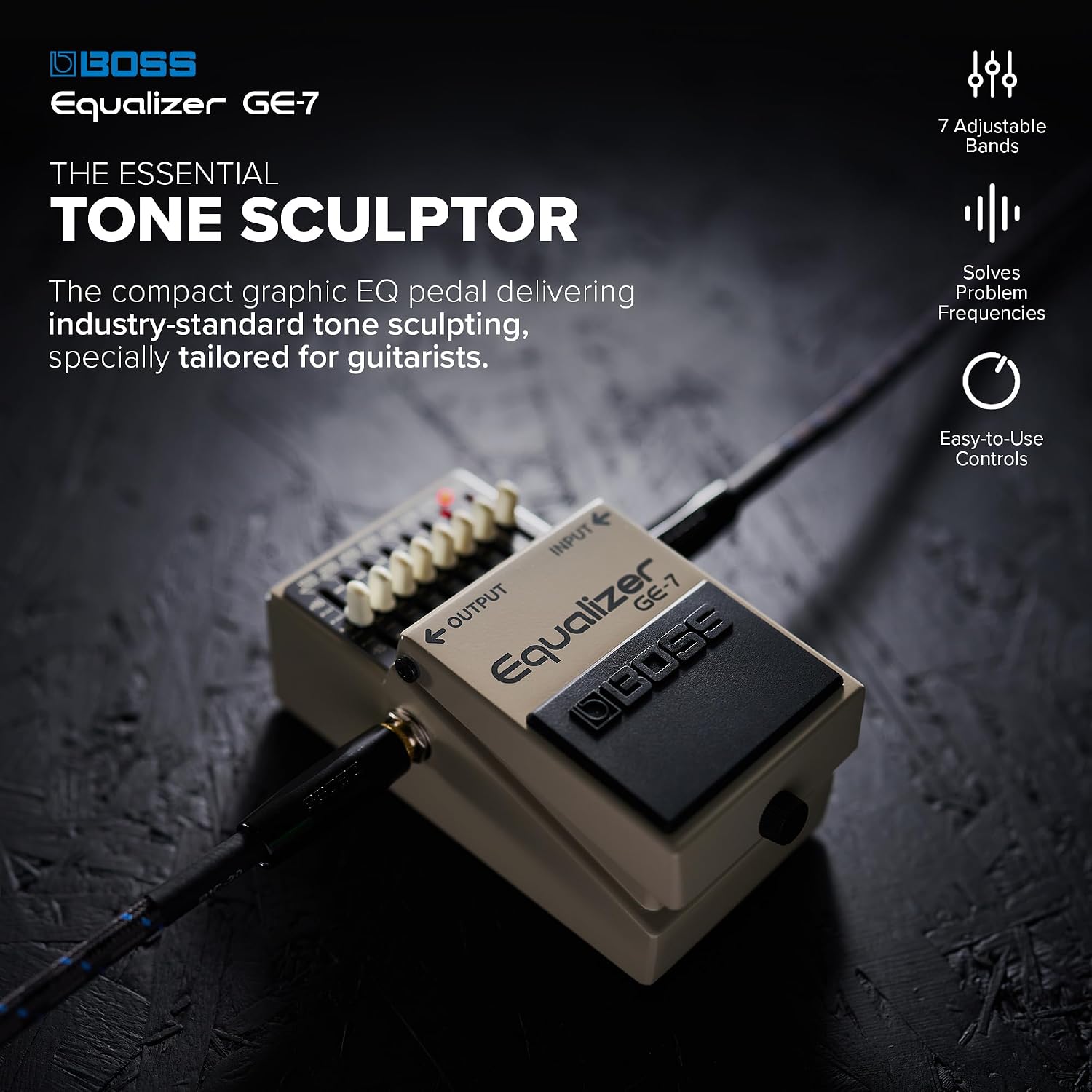 BOSS GE-7 Equalizer | Compact Graphic Equalizer Pedal | Tailored for Guitarists | 7 Bands of EQ Sliders | Guitar-Optimized Frequencies | ±15dB