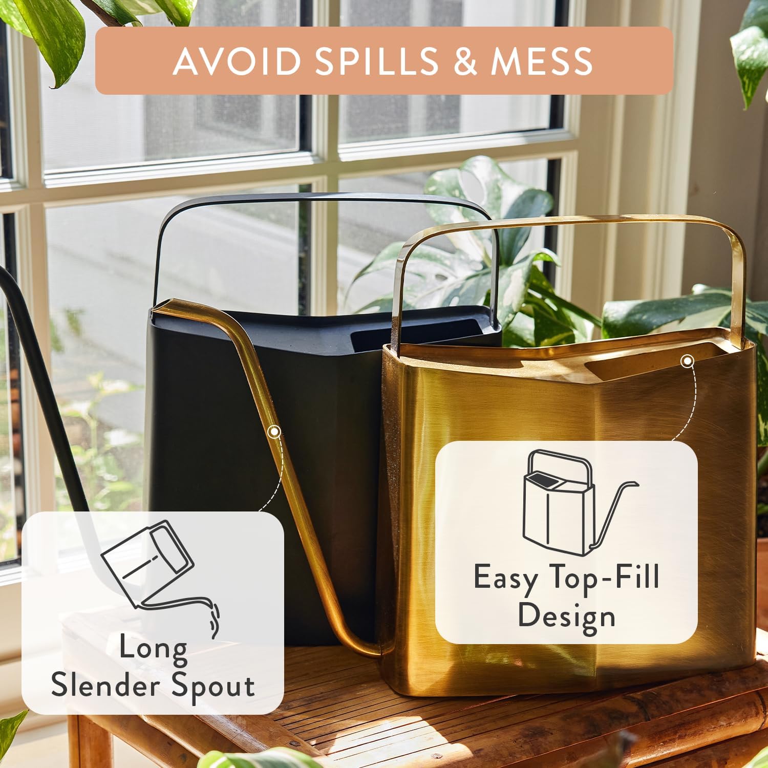 Modern Sprout Brass Watering Can - 3L Stainless Steel - Long Spout (Black)