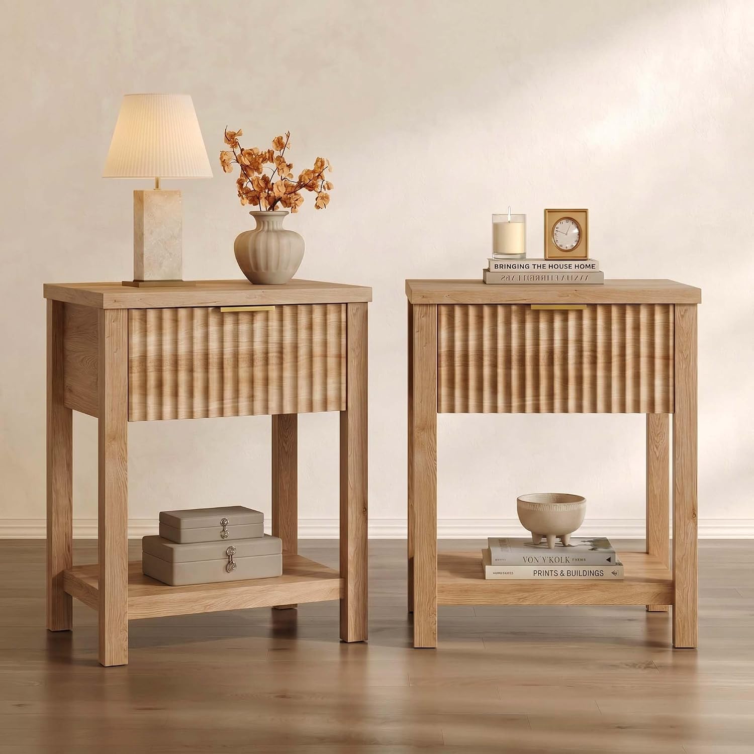 Fluted Night Stand Set of 2 with Golden Handle, Mid-Century Nightstands with Drawer, Bed Side Tables for Bedroom, Bedside Table with Storage Shelf