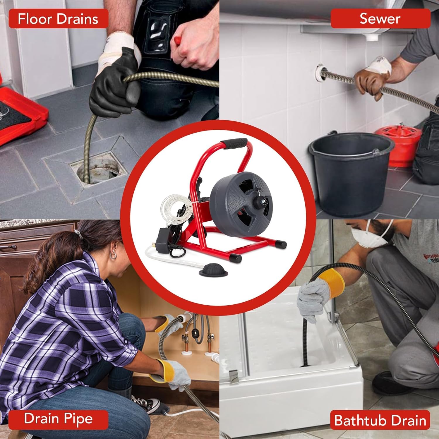 Drain Cleaner Machine 50Ft x 5/16 Inch, Electric Drain Auger with Foot Switch, Sewer Snake for 3/4 to 3 Inch Pipes, Includes 6 Cutters & Gloves
