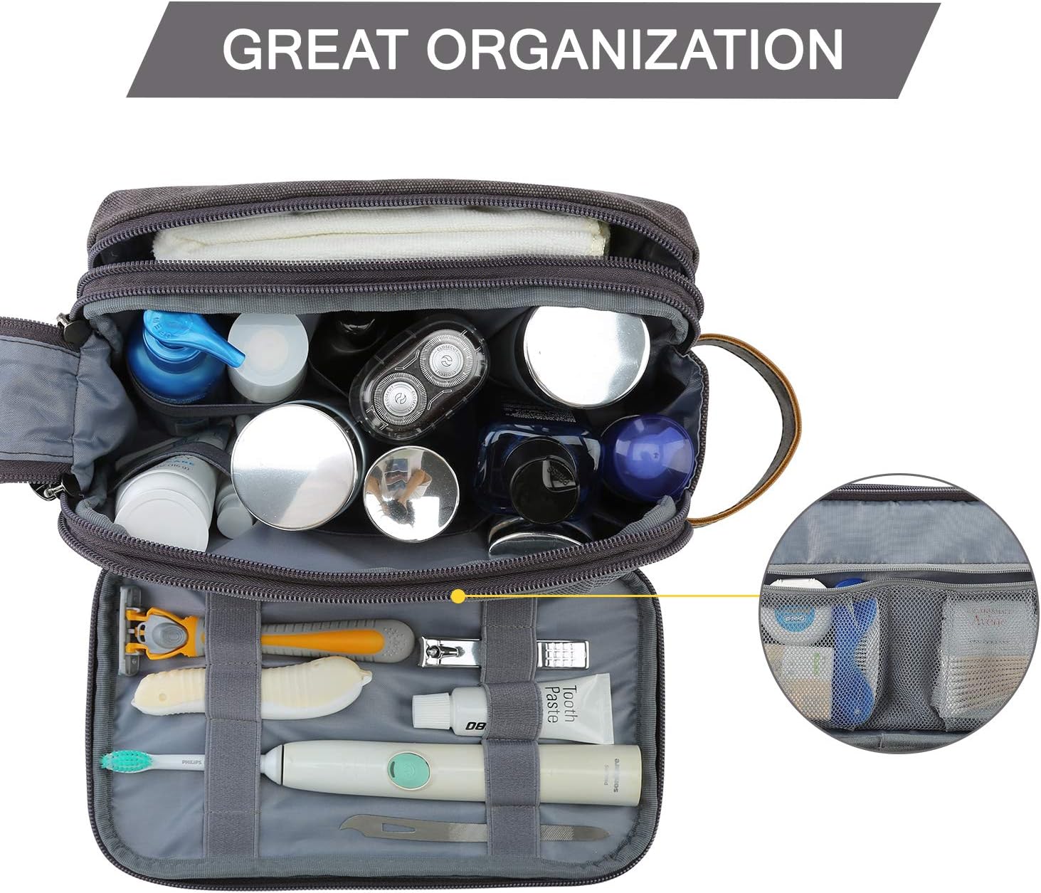 BAGSMART Toiletry Bag for Men, Canvas Travel Toiletry Organizer Dopp Kit Water-resistant Shaving Bag for Toiletries Accessories,Grey-Medium