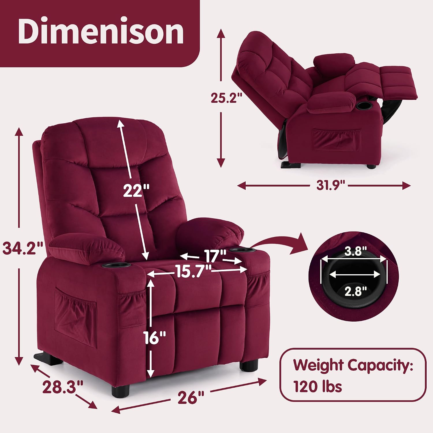 MCombo Big Kids Recliner for Ages 3+, Toddlers Recliner 7355 Velvet, Blue