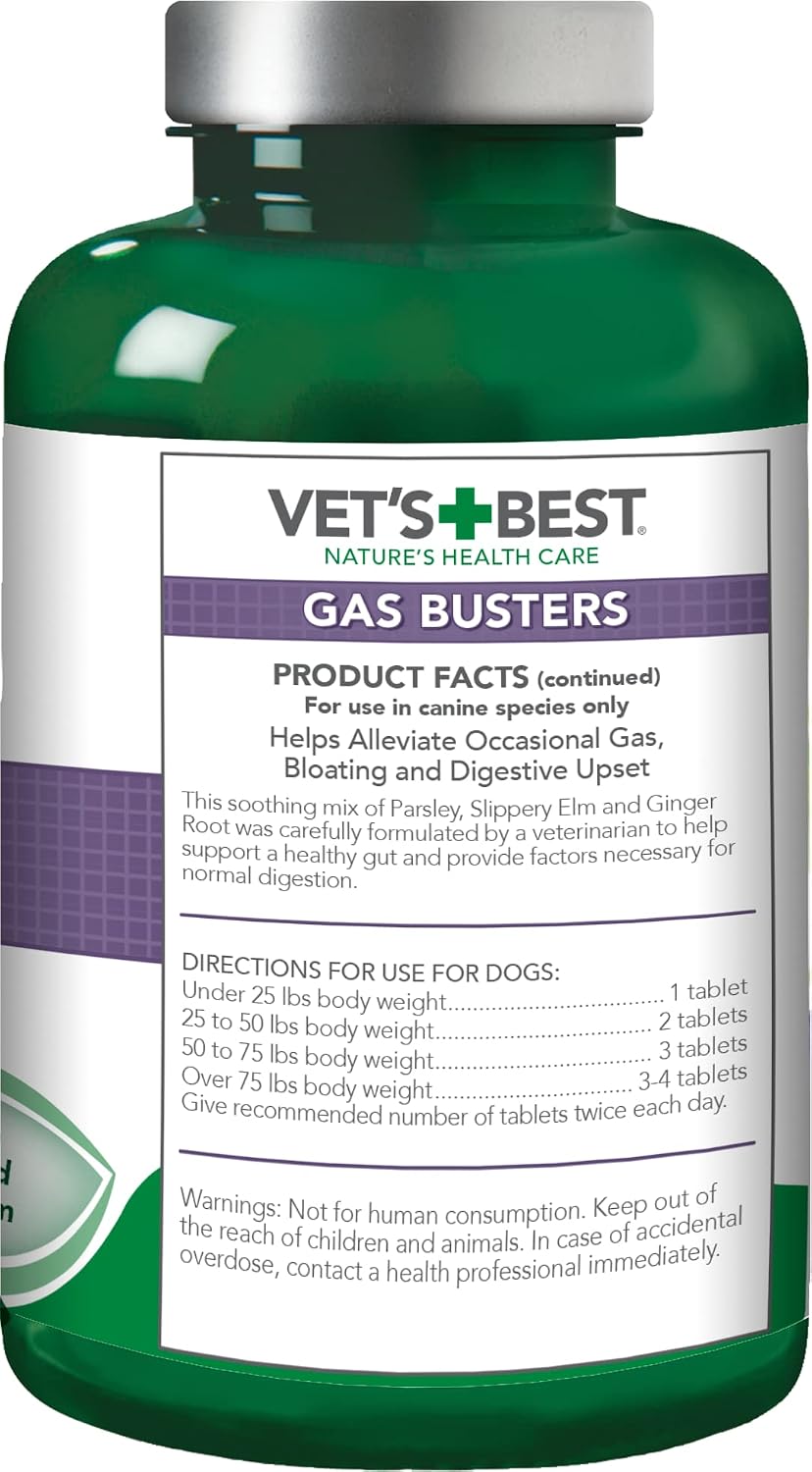 Vet's Best Gas Busters Digestive Support Tablets for Dogs, 90 Count | Helps Relieve Gas, Bloating & Constipation, Supports Healthy Digestion, Chewable Daily Digestive Aid for Dogs