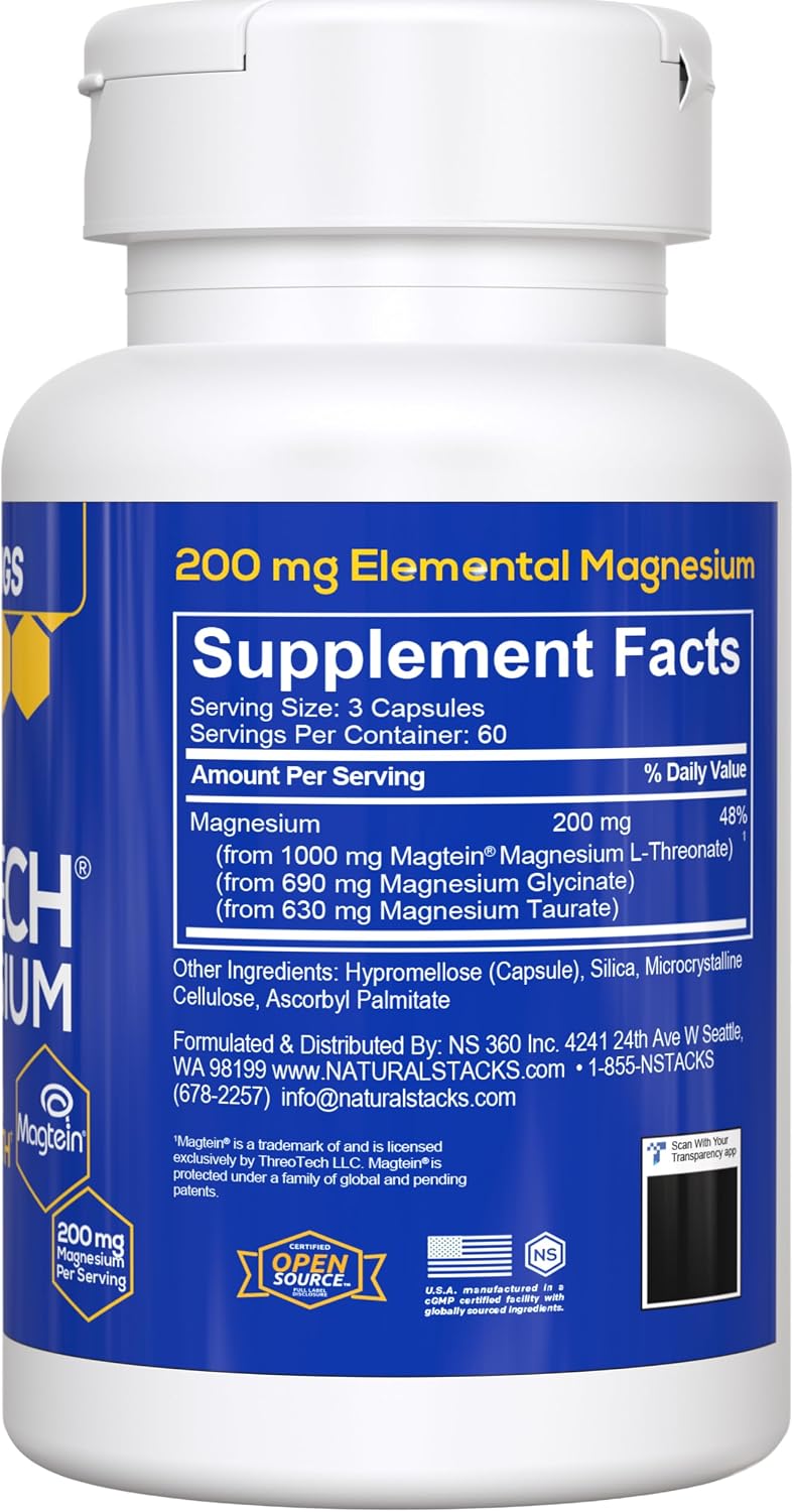 MagTech Magnesium Complex Glycinate, L-Threonate and Taurate, 90 Capsules | Advanced 3 in 1 200mg Chelated Triple Blend w/ Magtein - Supports Relaxation & Brain Health for Women & Men - Natural Stacks