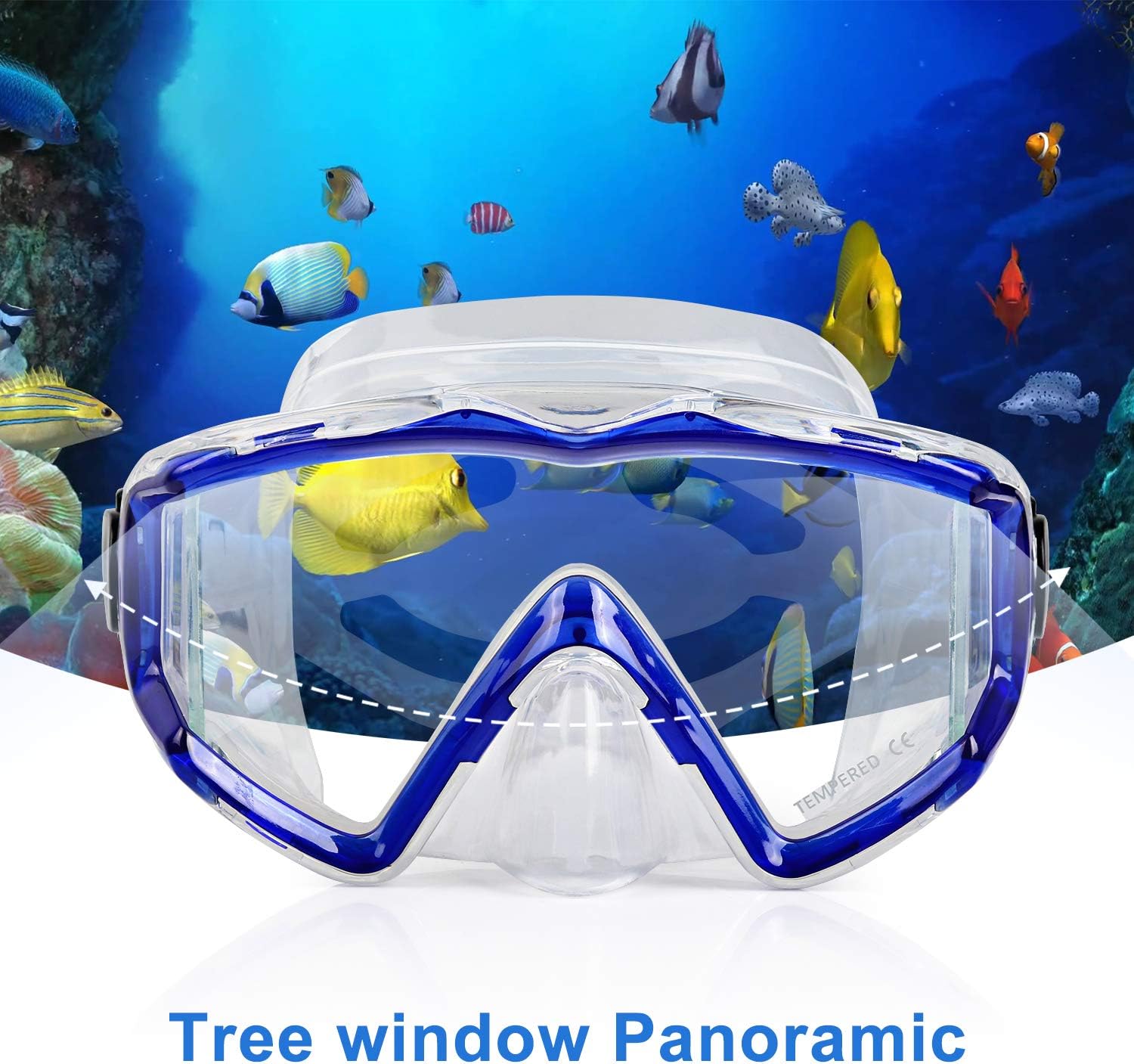 Adult Pano 3 Scuba Diving Mask, Tempered Glass Snorkel Mask Anti-Fog Swim Mask No Leakage Swim Goggles with Nose Cover Snorkeling Gear for Snorkeling