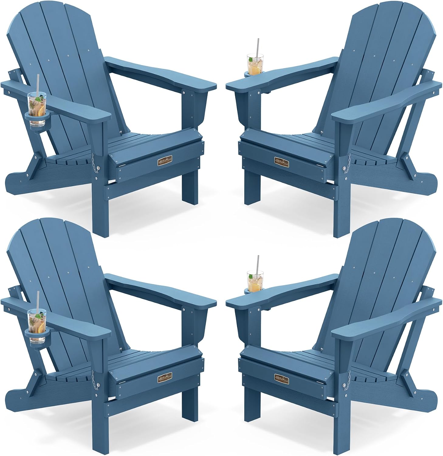 SERWALL Folding Adirondack Chairs with Cup Holder, Outdoor Fire Pit - Blue