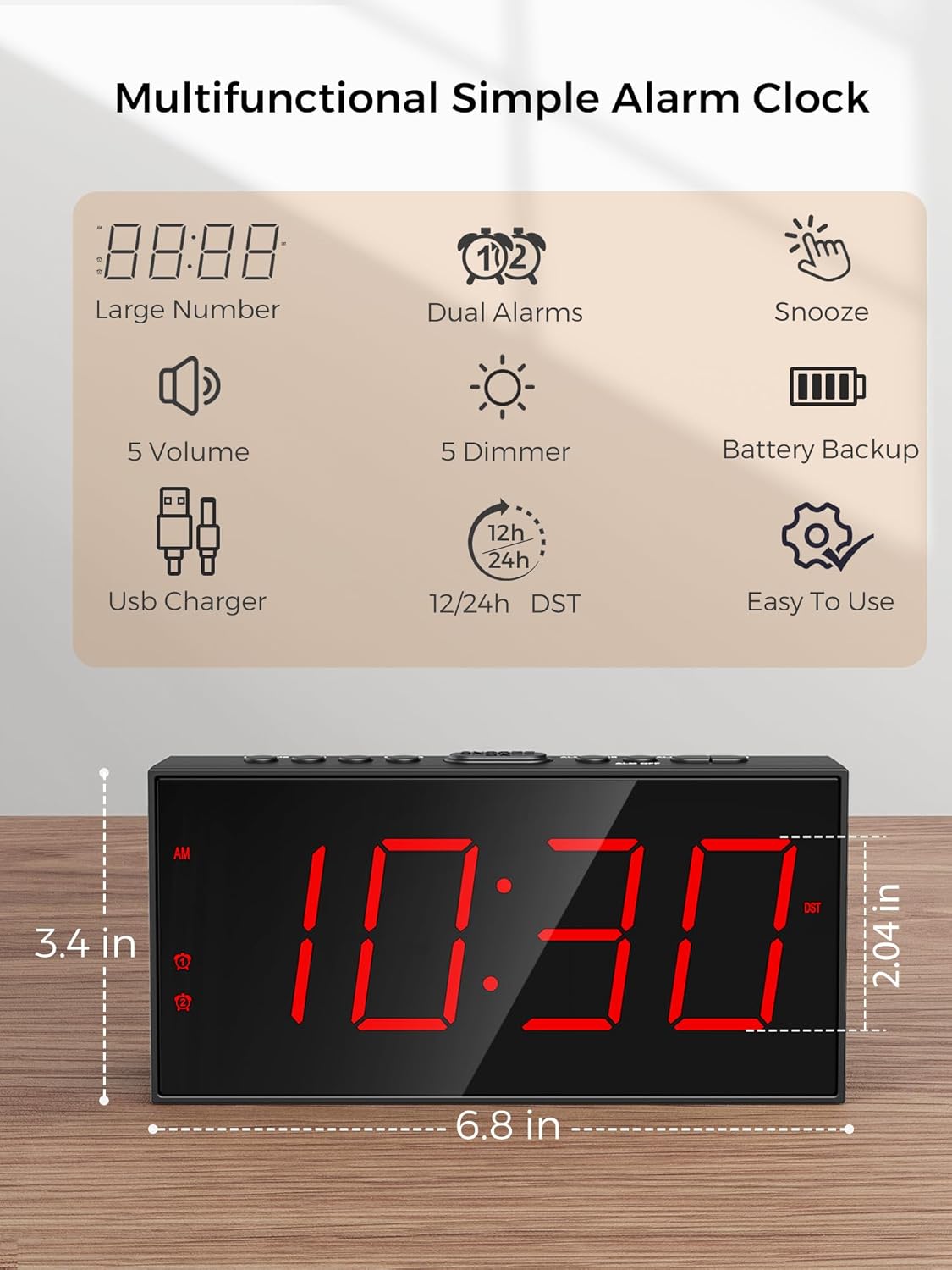 Digital Alarm Clocks for Bedrooms, Dual Alarms, 7.5-Inch Large Display