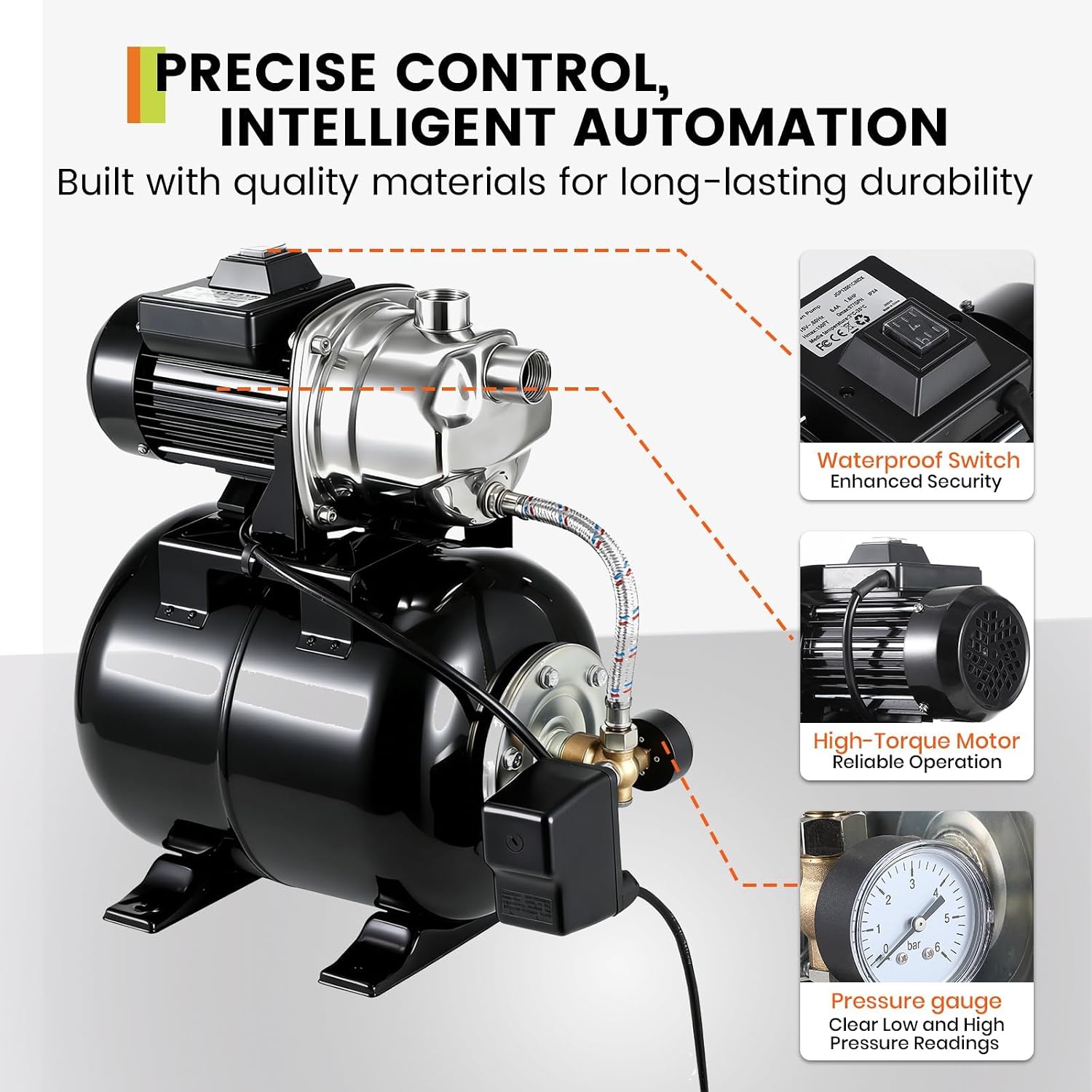 1HP Stainless Steel Water Transfer Pump with Well Pressure Tank – Shallow Well Pump & Irrigation Pump Combo, 130ft Max Lift, 20ft Suction Lift, Automatic Pressure Switch for Farm Use