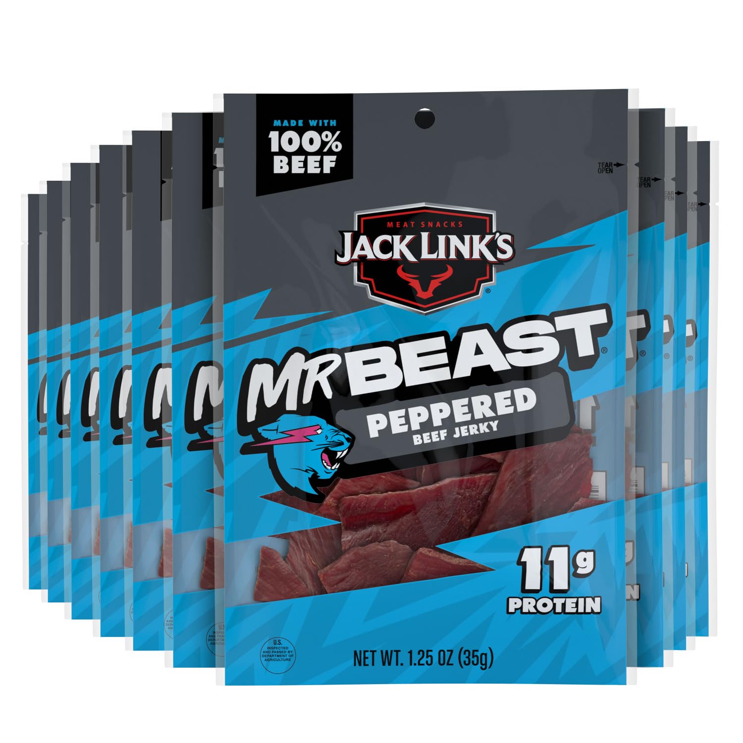 Jack Link's MrBeast Beef Jerky, Peppered Beef Jerky - 10 Count | As Seen on Beast Games, 11g Protein, Made with 100% Real Beef, Pantry-Ready Snacks
