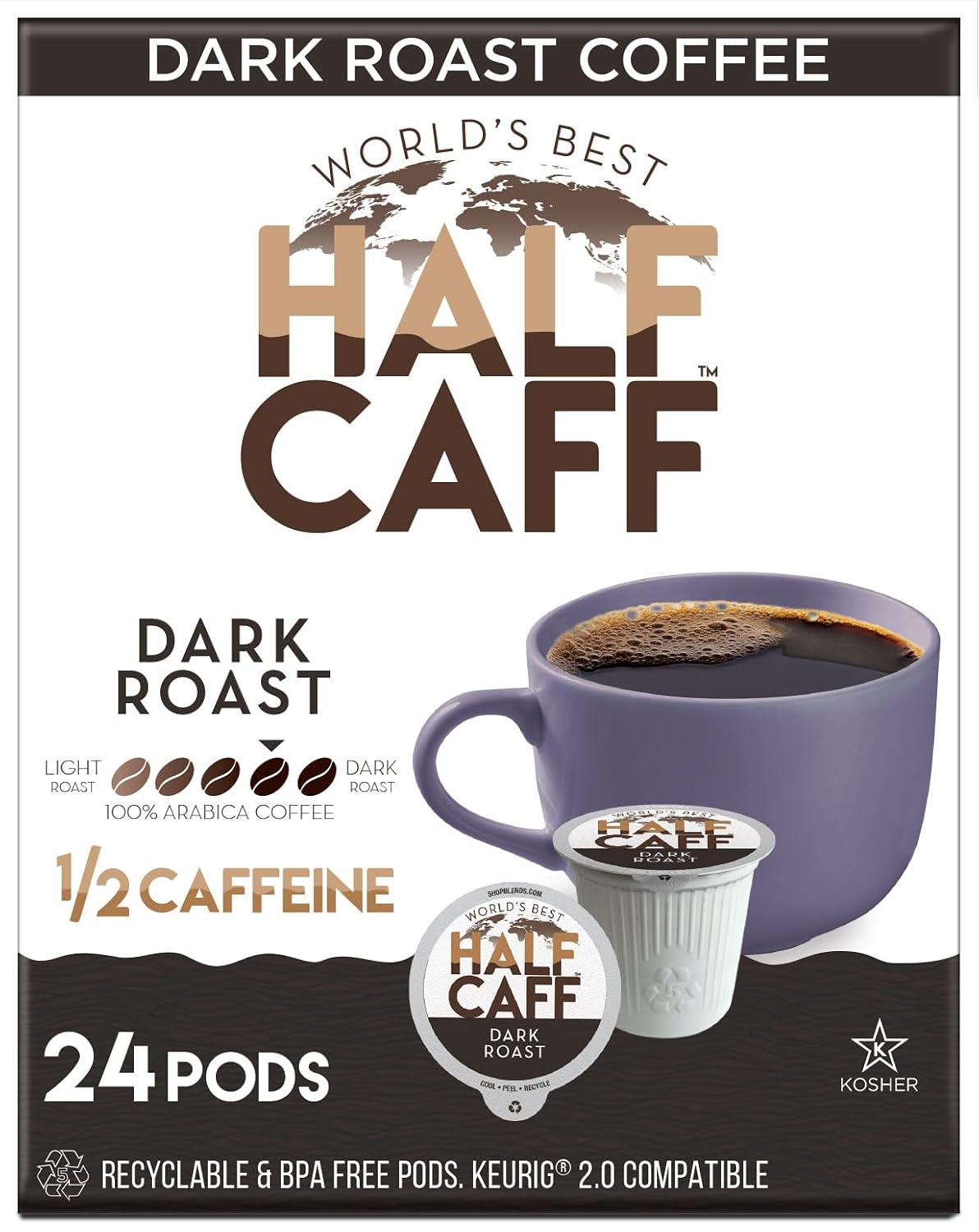 World's Best Half Caff Dark Roast Coffee Pods 100ct Keurig Compatible | 100% Arabica Coffee Single Serve Capsules & Pods Compatible with Keurig K-Cup Coffee Makers