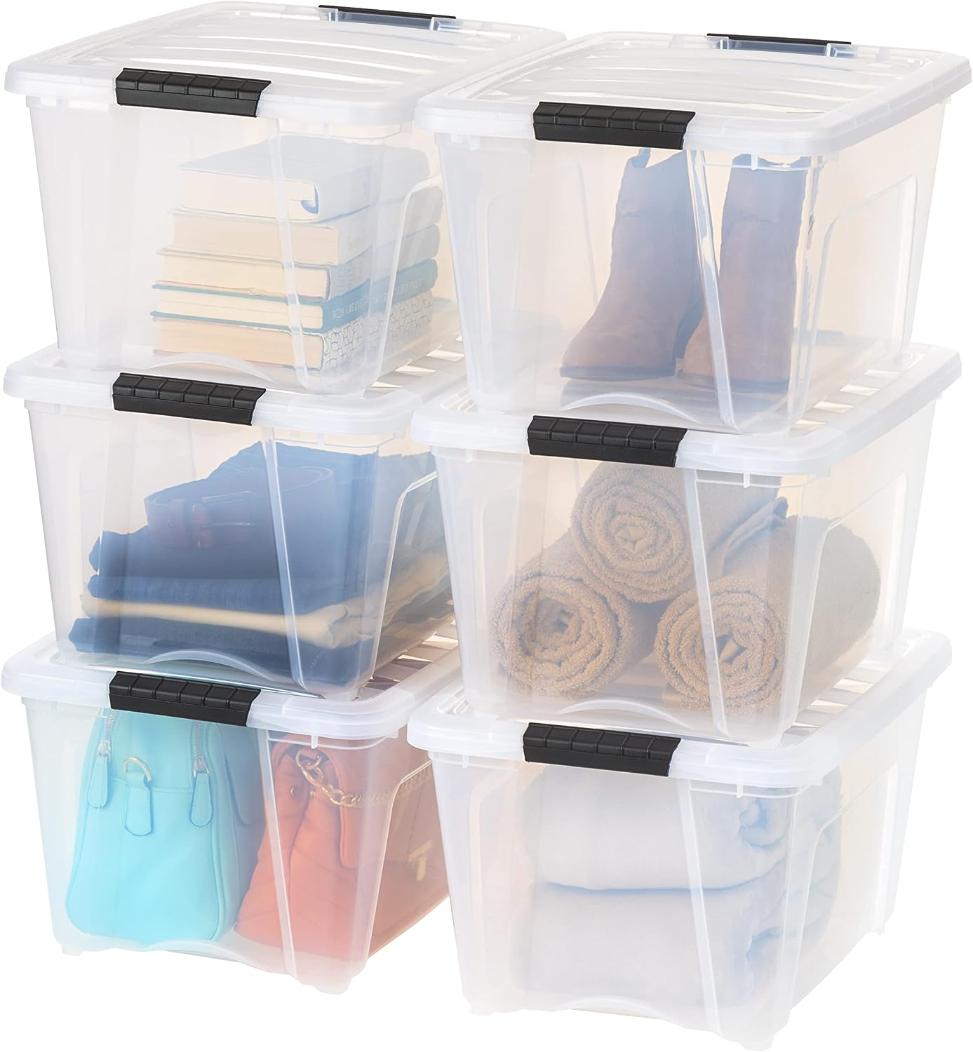 IRIS USA 6-Pack 54 Quart Storage Bins with Lids, Clear | Transparent design makes contents easy to find. Perfect for moving, blankets, clothing, and garage storage. Nestable design