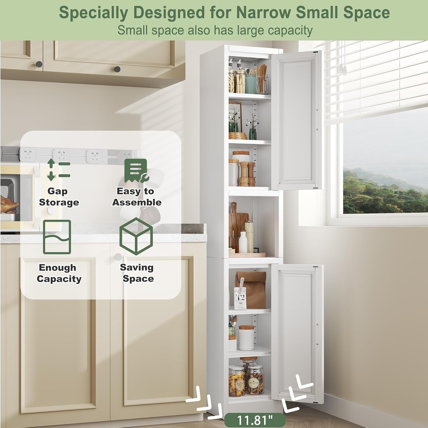 pozdeg 67" Tall Narrow White Metal Storage Cabinet | 2 Doors, 4 Adjustable Shelves, Freestanding Slim Pantry Organizer for Bathroom Kitchen Living Room