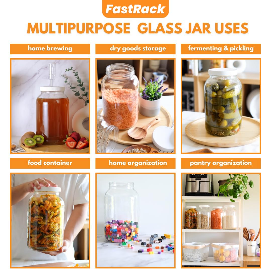 4-Pack 1 Gallon Glass Jar with Lid | Wide Mouth Food Storage Canisters | Heavy-duty Glass Jars with Airtight Lid for kombucha, pickling, canning, fermentation, cider, wine and bulk pantry storage