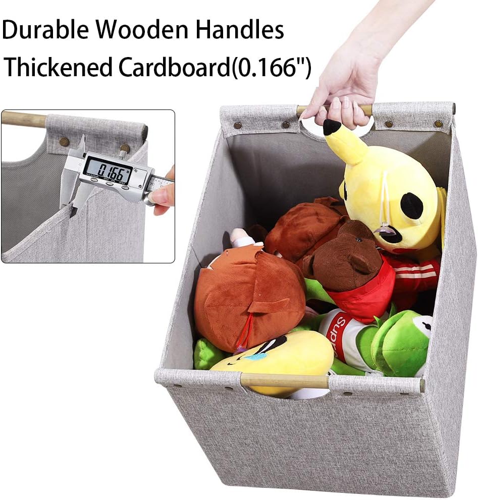 HOONEX Large Collapsible Storage Bins, Linen Fabric, 2 Pack, Storage Baskets with Wooden Carry Handles and Sturdy Heavy Cardboard, for Home, Office