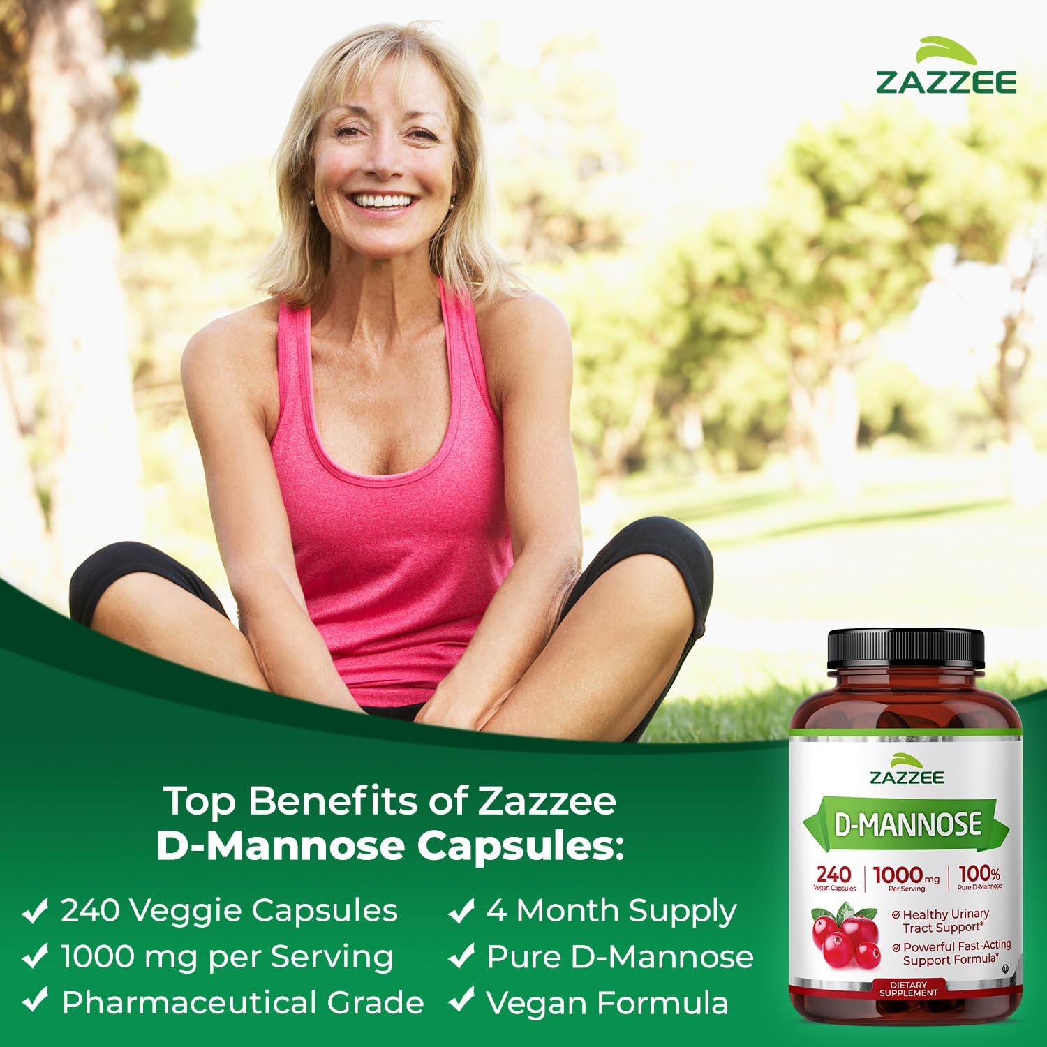 Zazzee D-Mannose, 1000 mg per Serving, 180 Vegan Capsules, 3 Month Supply | Potent & Fast-Acting, Certified Kosher, 100% Pure, All-Natural Urinary Tract Health Support, 100% Vegetarian, Non-GMO
