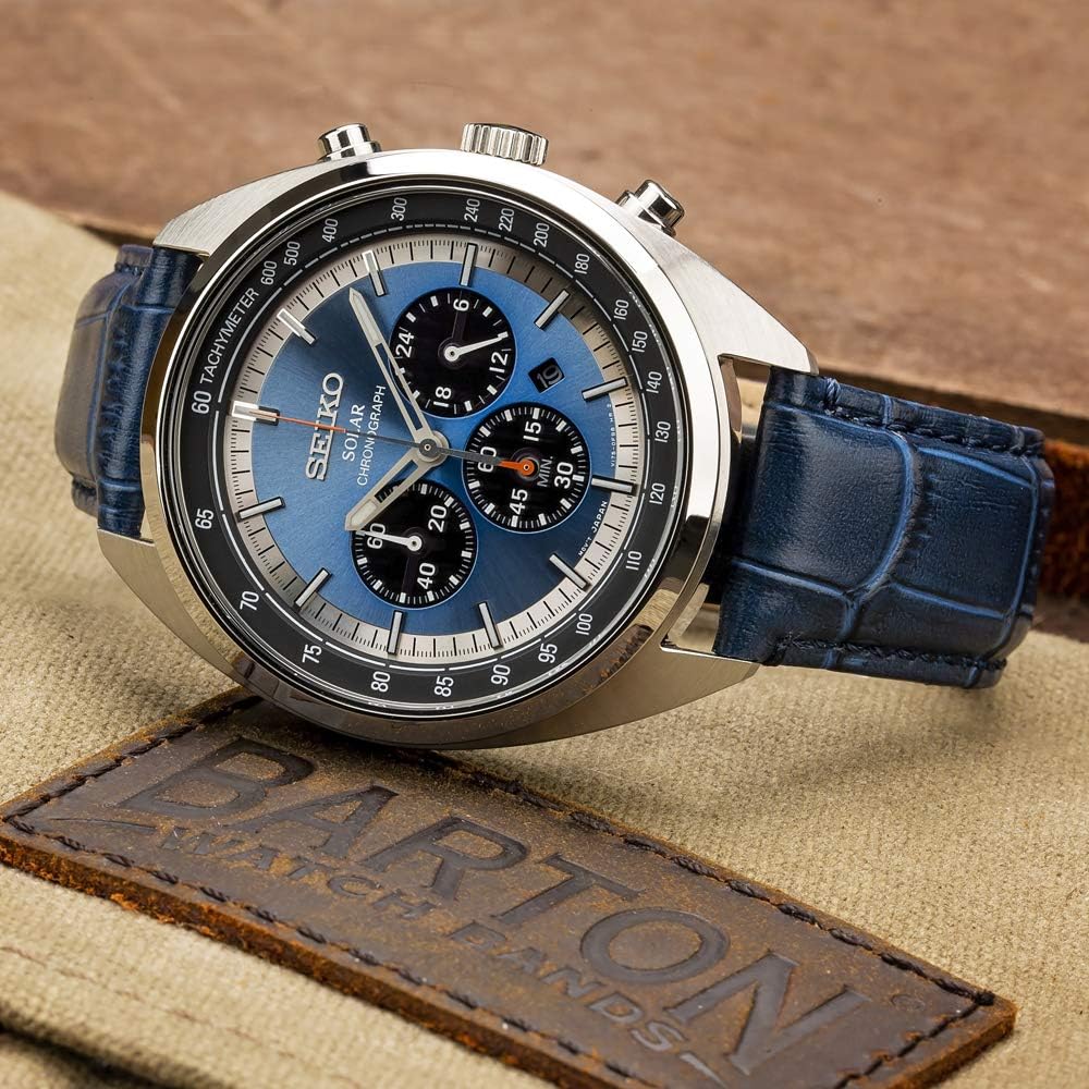 BARTON WATCH BANDS, 20mm Navy Blue - Long - Alligator Grain - Quick Release Leather Watch Bands