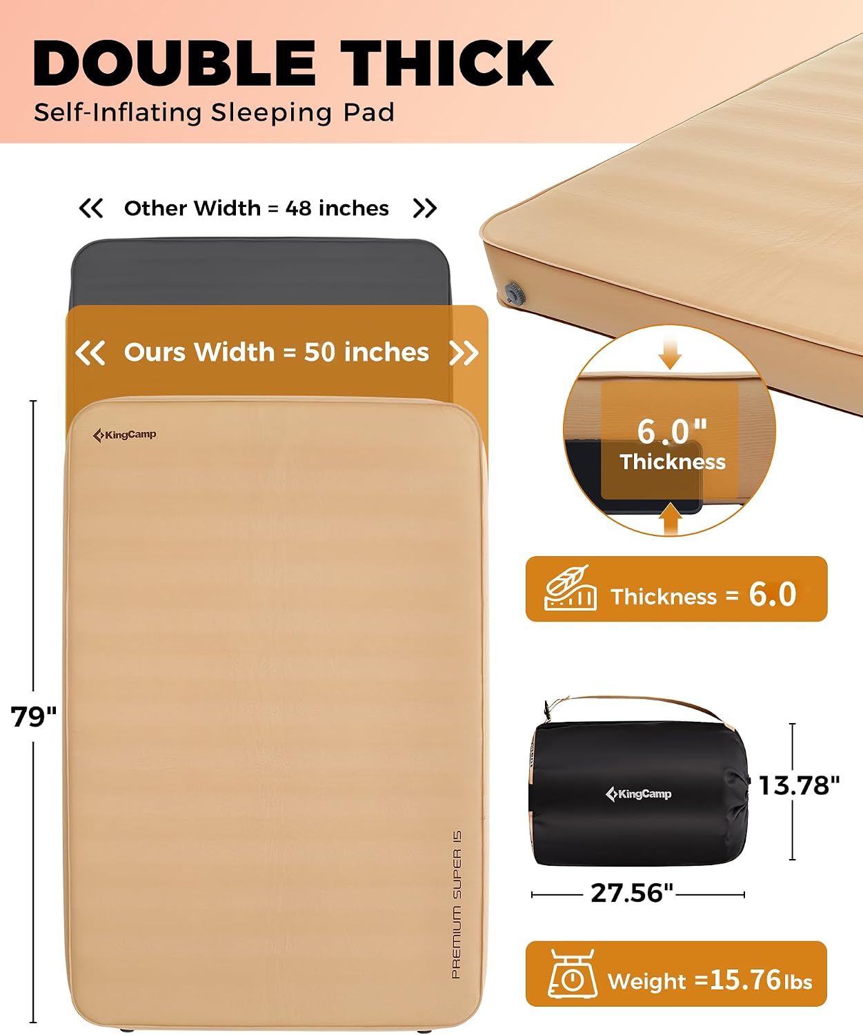 KingCamp Premium Double Camping Mattress, 7.5 R-Value, 2 Person Black