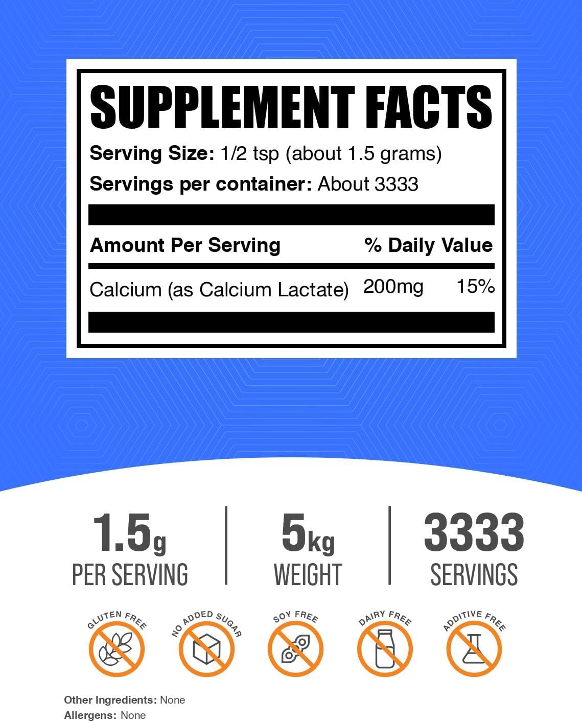 BulkSupplements.com Calcium Lactate Powder - Calcium Supplement Powder, Food Grade - Pure & Gluten Free, 1.5g per Serving, 500g (1.1 lbs) (Pack of 1)