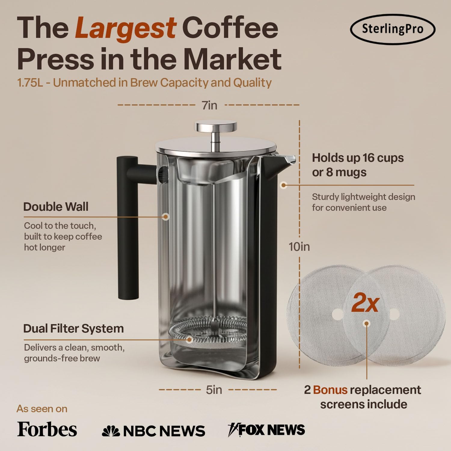 SterlingPro Large Insulated Stainless Steel French Press Coffee Maker 51oz Capacity (44 oz Brew Yield) – Double Wall Metal Coffee Press | Plastic Free | Cool-Touch | Mirror Finish | 12 Cups / 6 Mugs