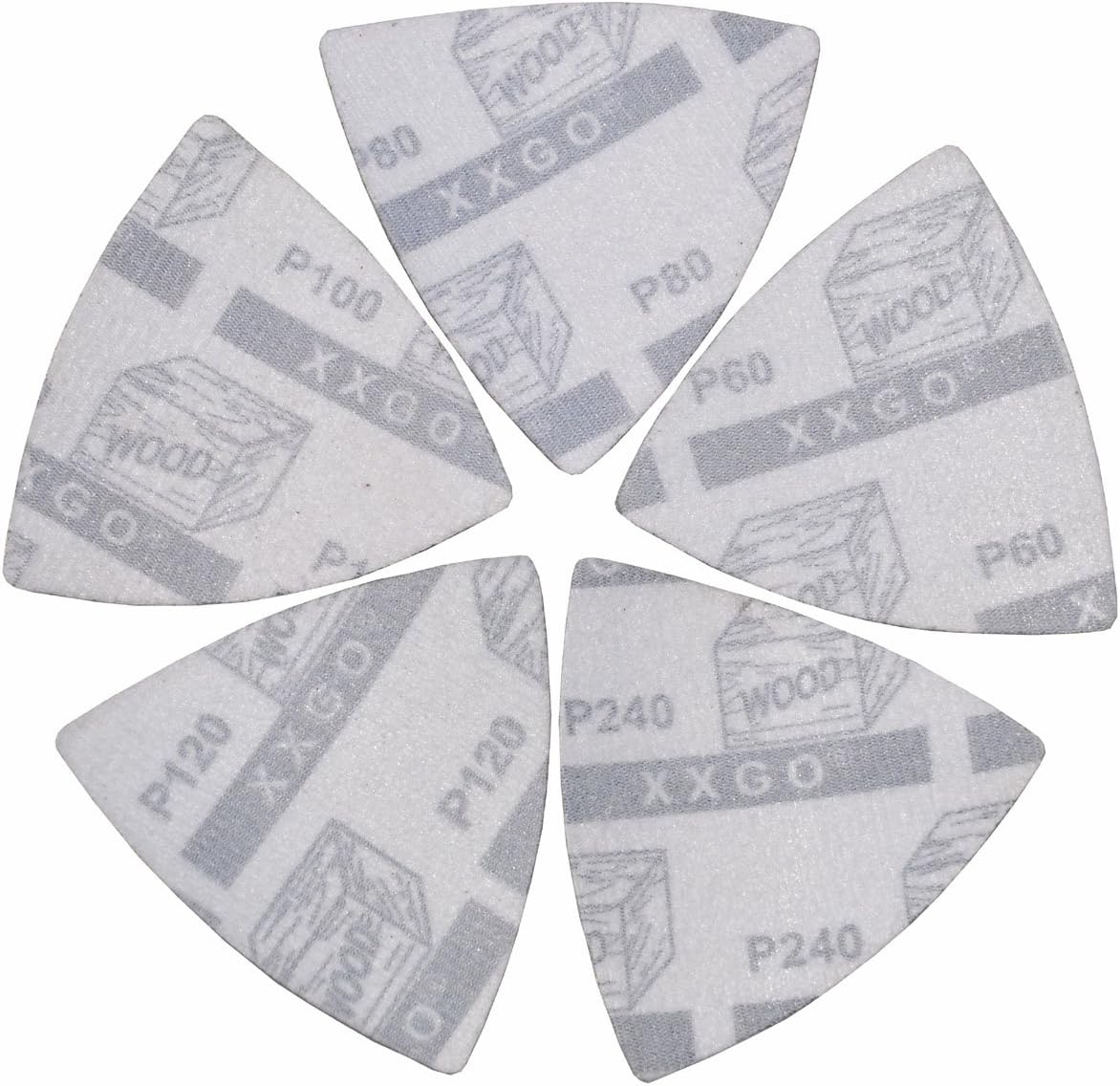 XXGO 55 Pcs 80mm 3-1/8 Inch Triangular Oscillating Multi Tool Sanding Pads | Assorted Grit , Hook & Loop Design , Strong Velcro , Best for Metal Wood Sanding