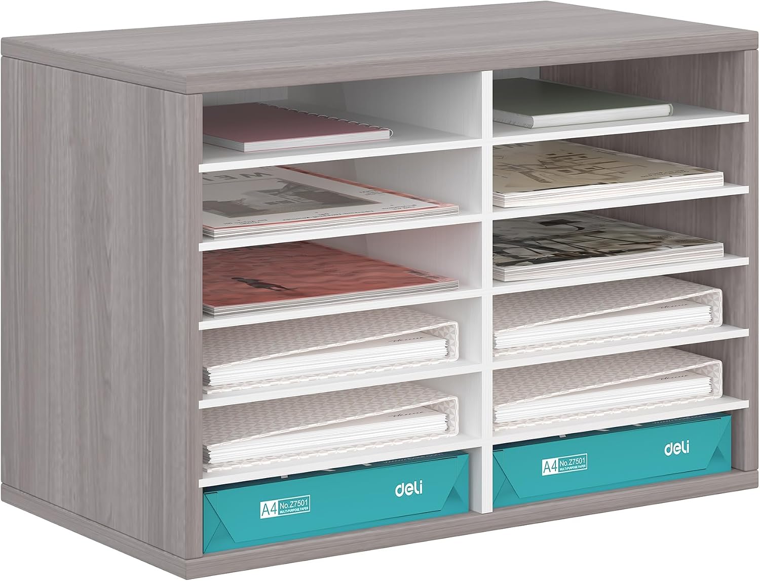 EasyPAG 12 Compartments Wooden Literature Organizer with Adjustable Shelves, 6000 Sheets Capacity Paper Organizer