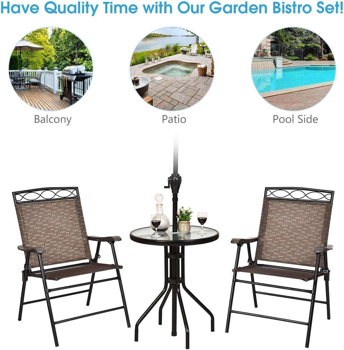 S AFSTAR 3-Piece Bistro Set, Patio Furniture Set for Outdoor Poolside Balcony Garden Yard, 28" H Outdoor Round Table and 2-Pack Folding Chairs