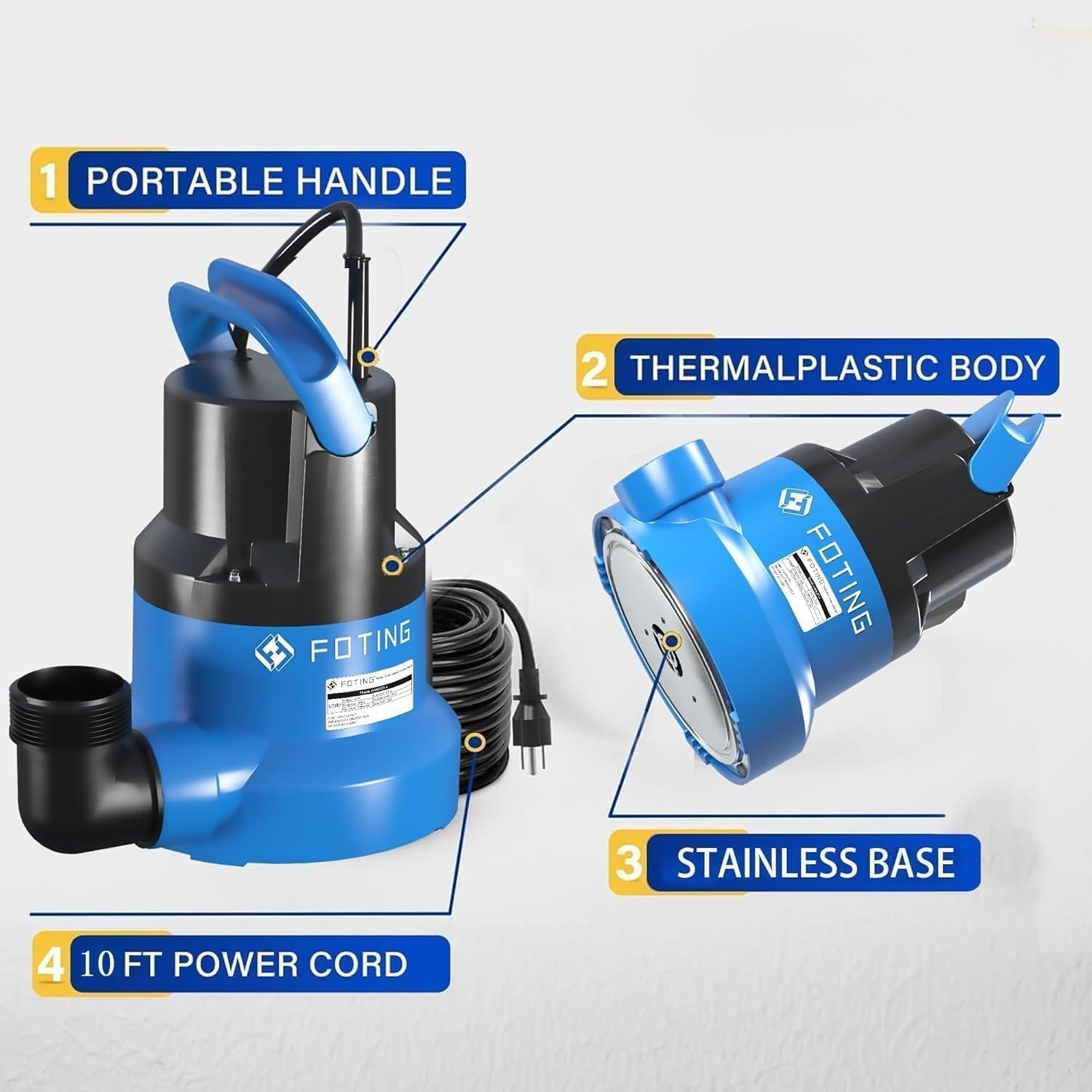 FOTING 1/2HP Submersible Water Pump with Stainless Steel Base - Removes Water to 0.04" Depth, 2450GPH Portable Sump Pump for Puddles, Pools, Boats