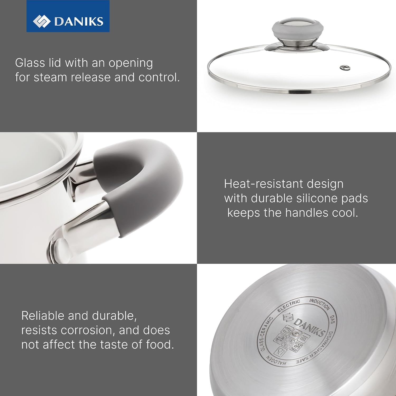Daniks Modern 4 Quart Stainless Steel Stock Pot with Glass Lid, Tri-Ply Bottom for Even Heating, Induction Compatible, Dishwasher Safe